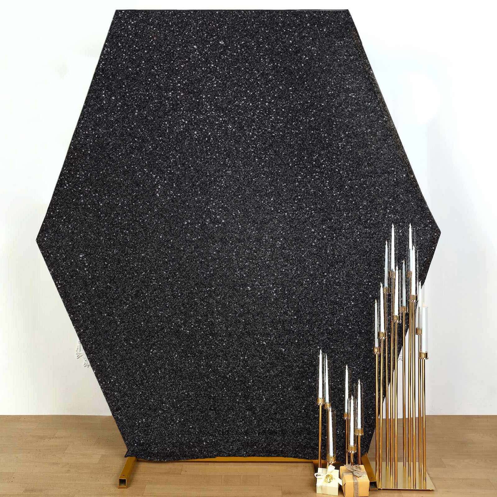 8ft x 7ft Double-Sided Black Metallic Shimmer Tinsel Spandex Hexagon Wedding Arbor Backdrop