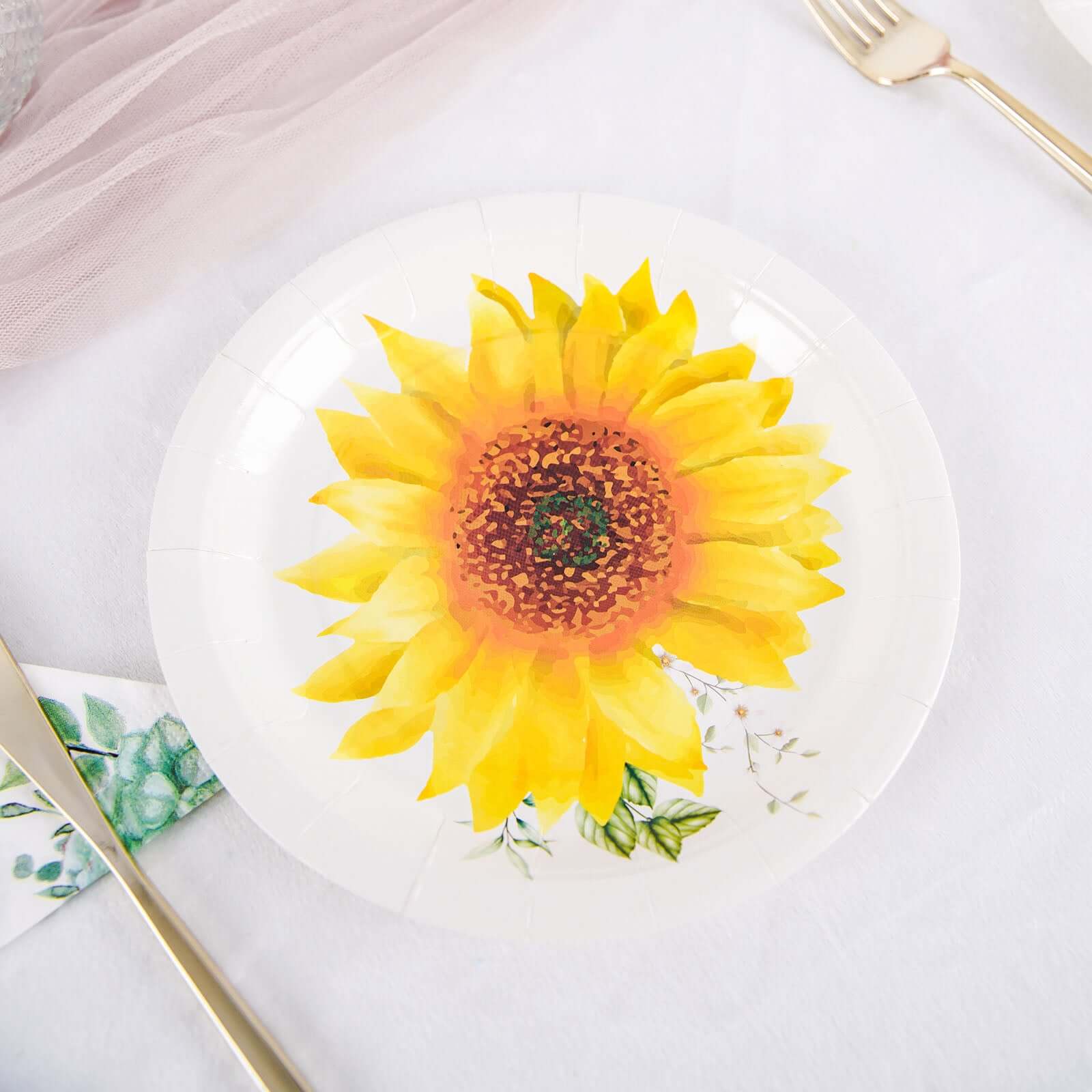 25-Pack Disposable 7-Inch Round White Paper Dessert Plates with Sunflower Design - Ideal for Rustic & Garden Events