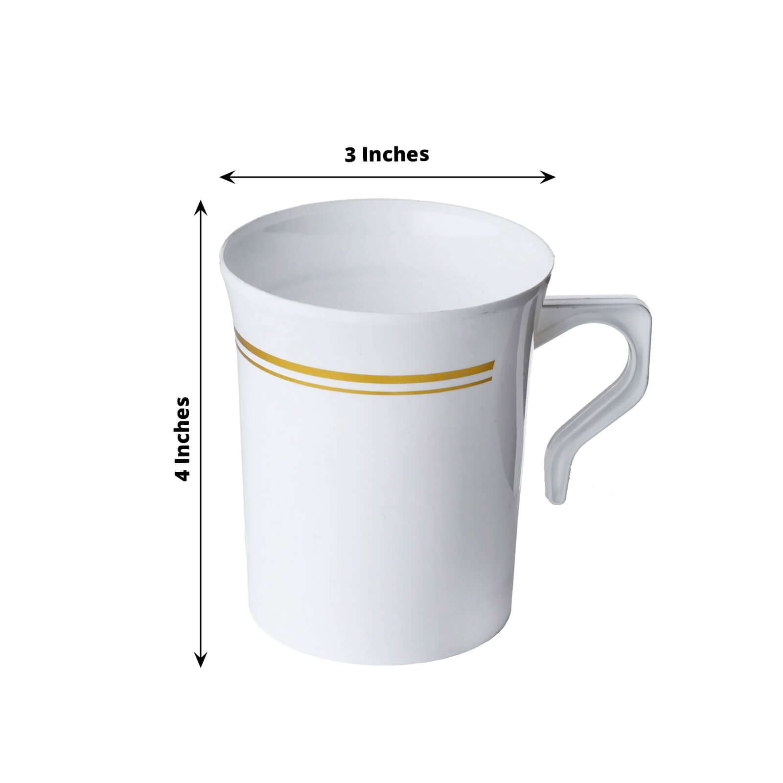 8-Piece Set of Disposable White Plastic Coffee Mugs with Gold Stripes - 8oz Sturdy Cups for Coffee & Tea