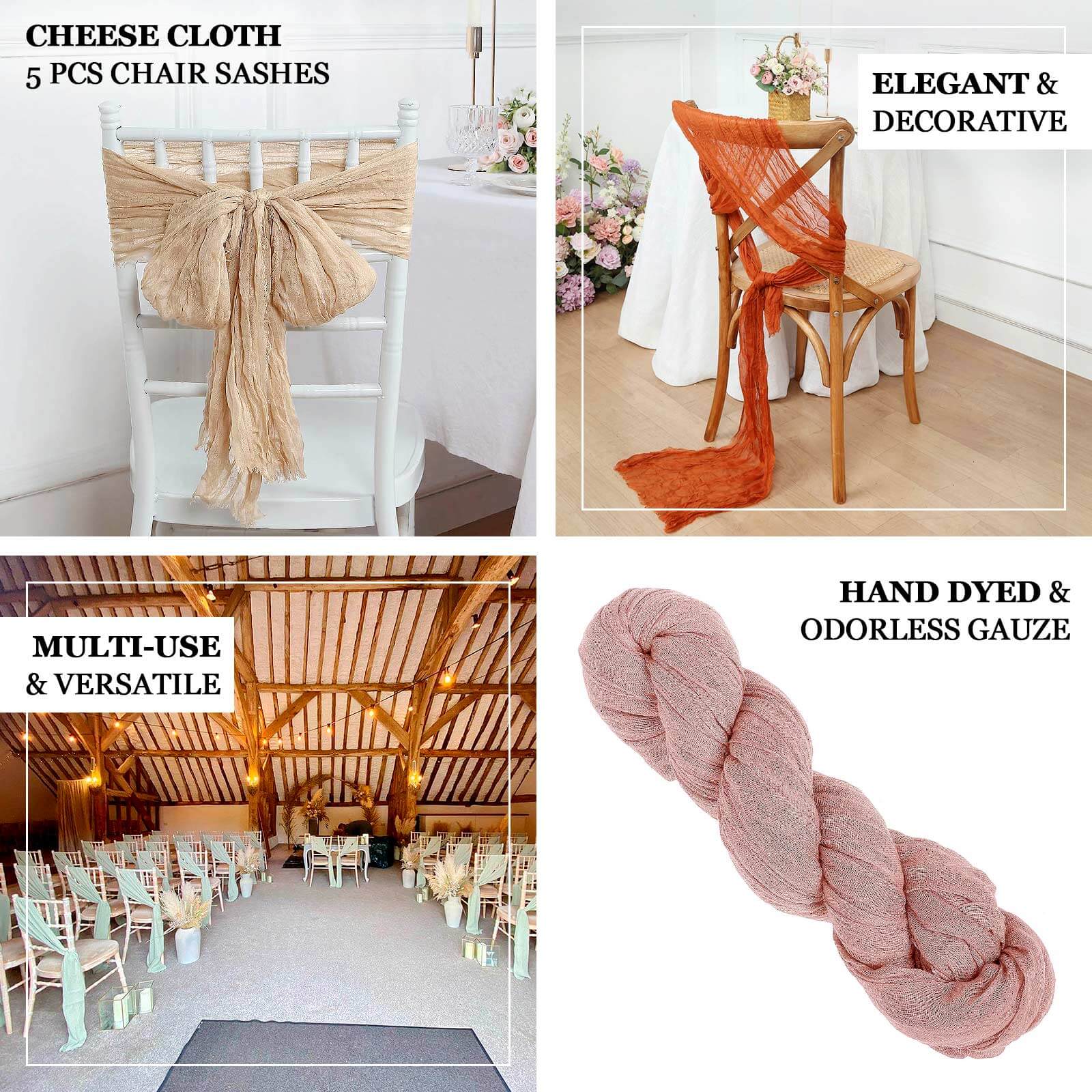 Hot Sale! 5-Piece Nude Beige Cheesecloth Gauze Chair Sashes for Boho Decor