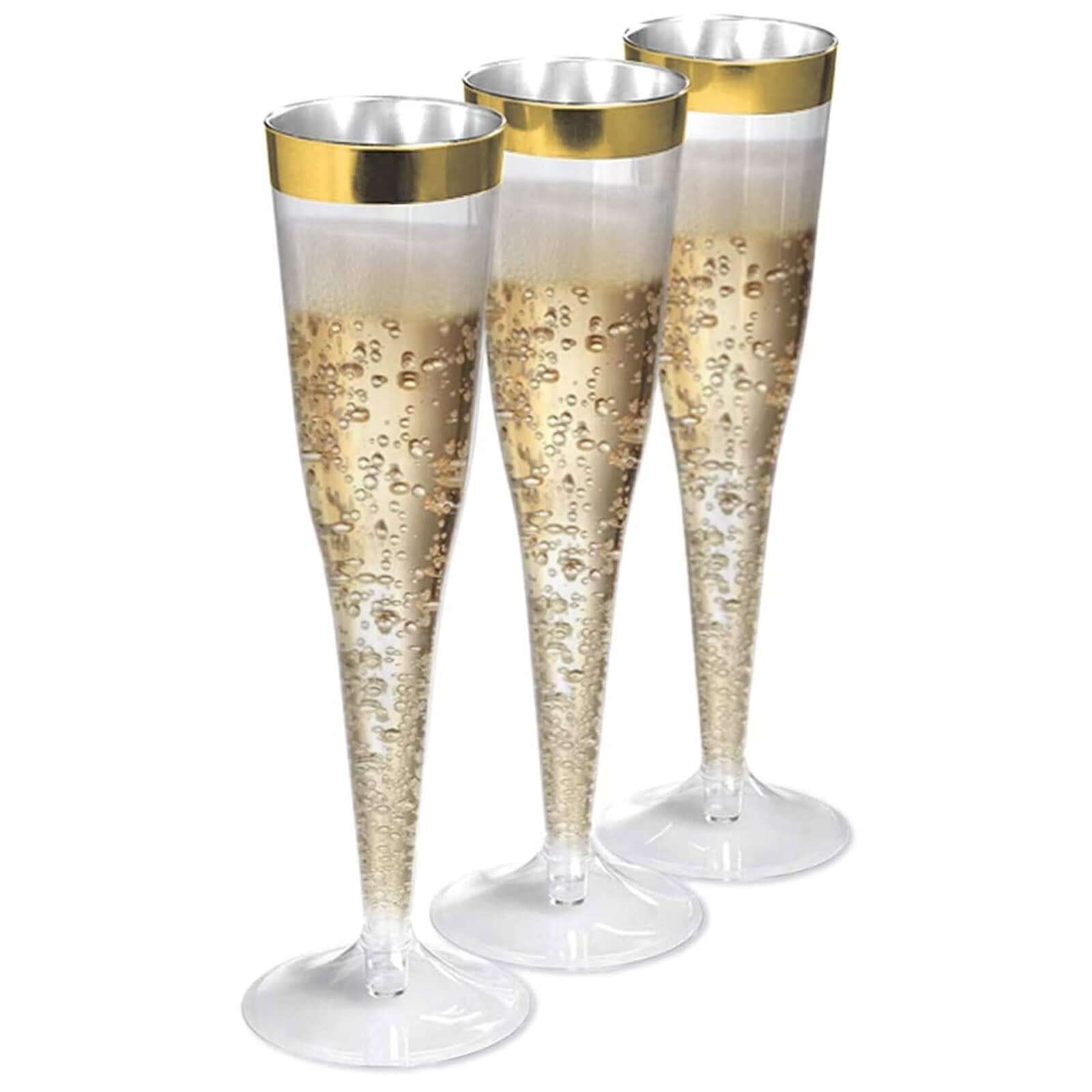 12-Pack Stylish Disposable 6oz Plastic Champagne Flutes with Detachable Base, Clear with Gold Rim
