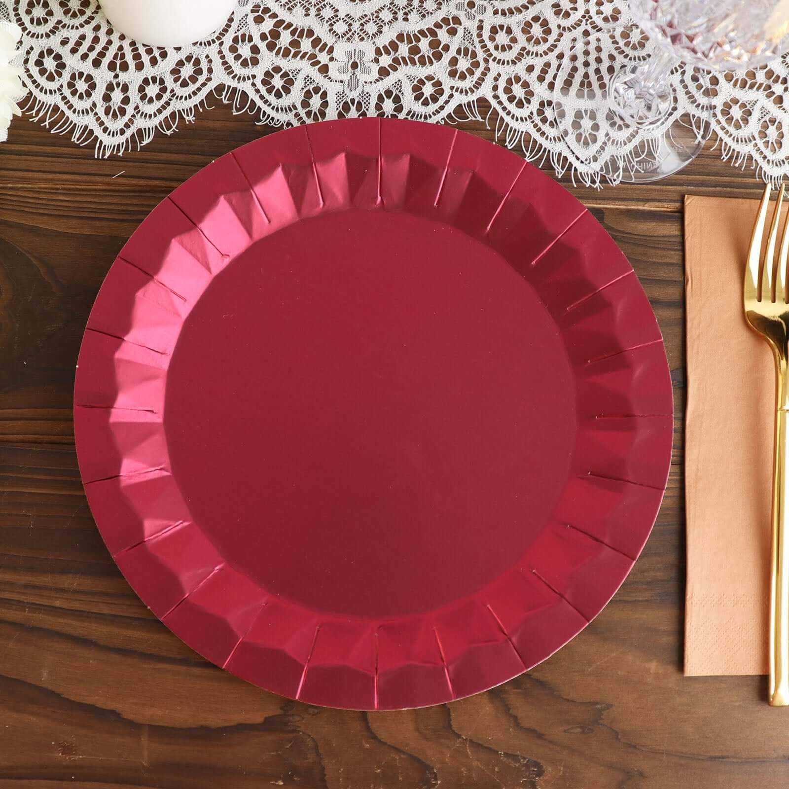 25-Piece Set of 9-Inch Round Disposable Burgundy Paper Dinner Plates with Geometric Prism Rim, 400GSM