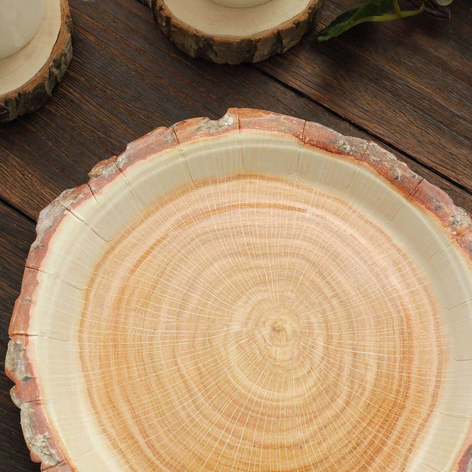 25-Pack Disposable 7-Inch Round Paper Dessert Plates with Natural Wood Slice Print for Rustic Farmhouse Events