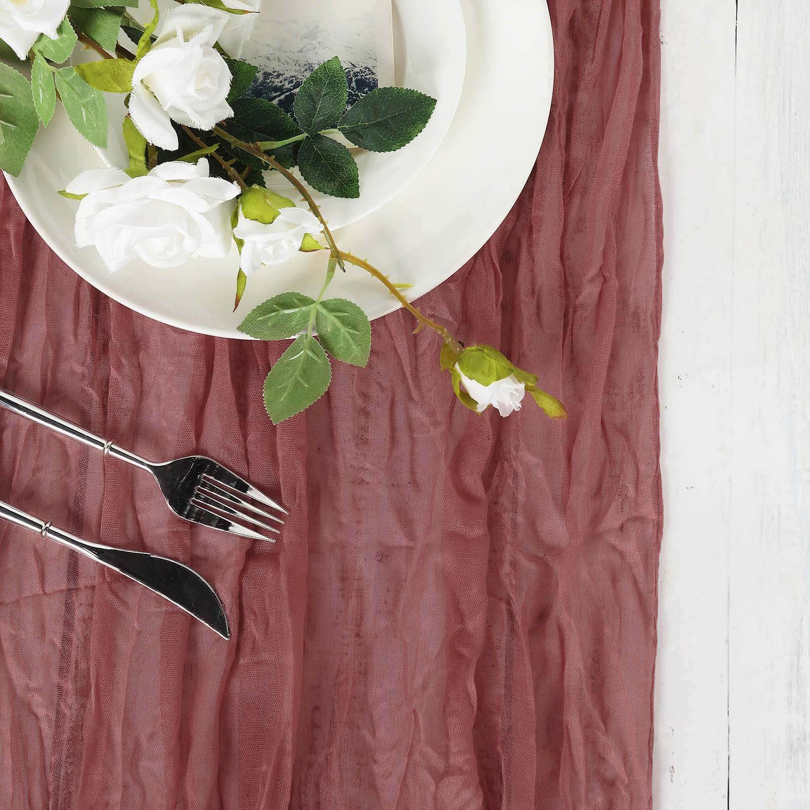 10ft Rustic Boho Style Gauze Cheesecloth Table Runner in Mauve & Cinnamon Rose