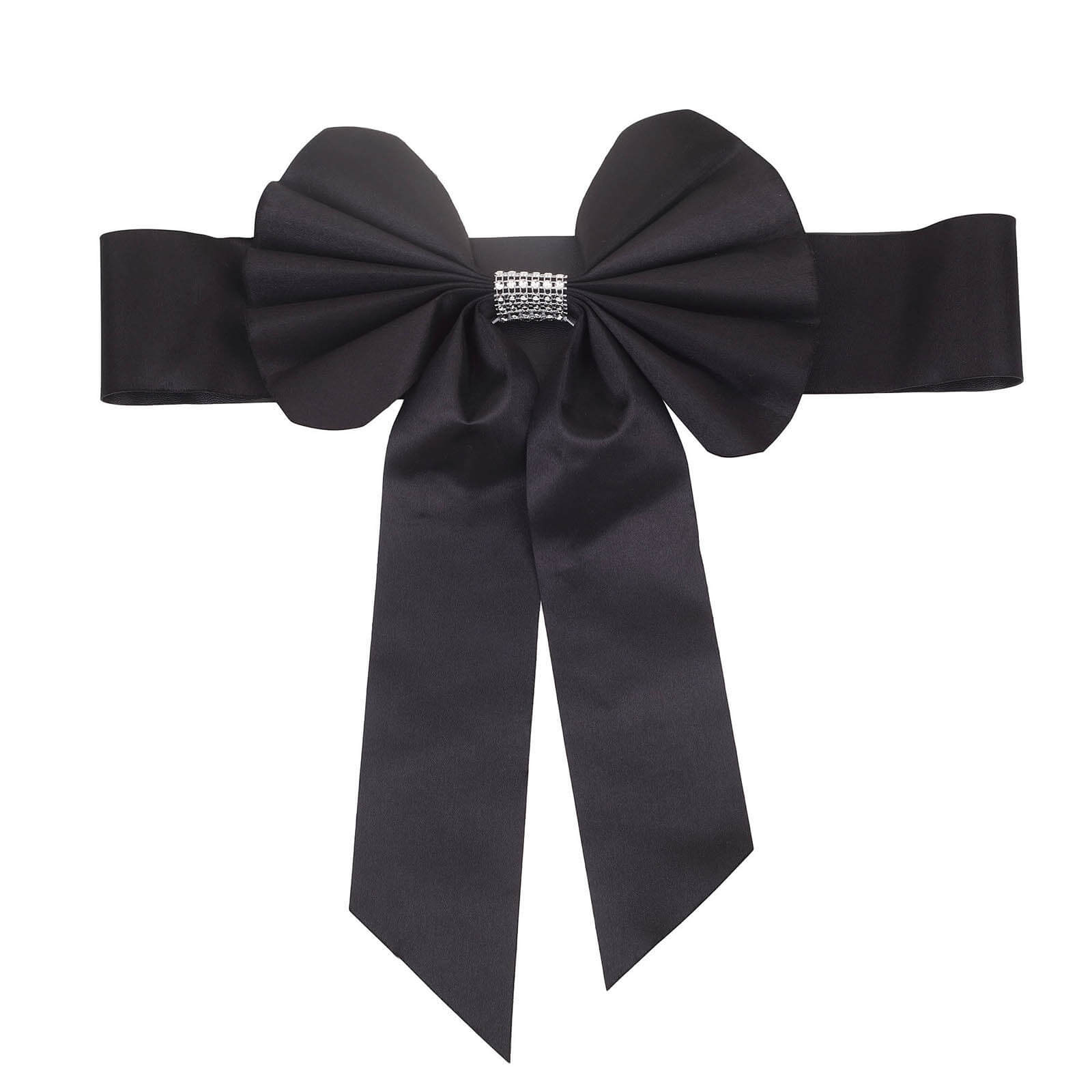 5-Pack Black Satin Faux Leather Chair Sashes with Diamond Rhinestone Buckles - Luxurious Party Decor