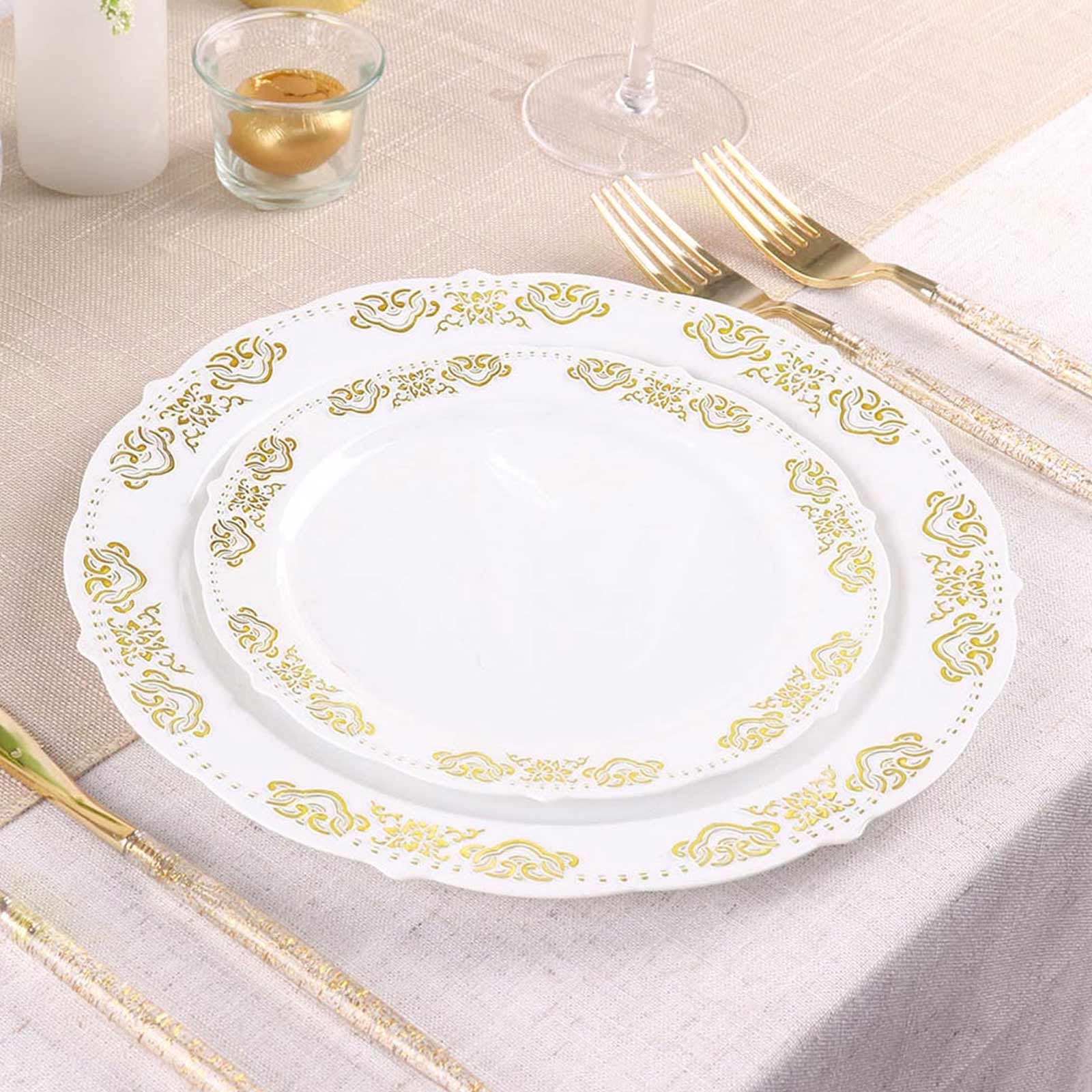 10-Pack White Plastic Round Appetizer Plates with Gold Embossed Scalloped Edge for Special Events