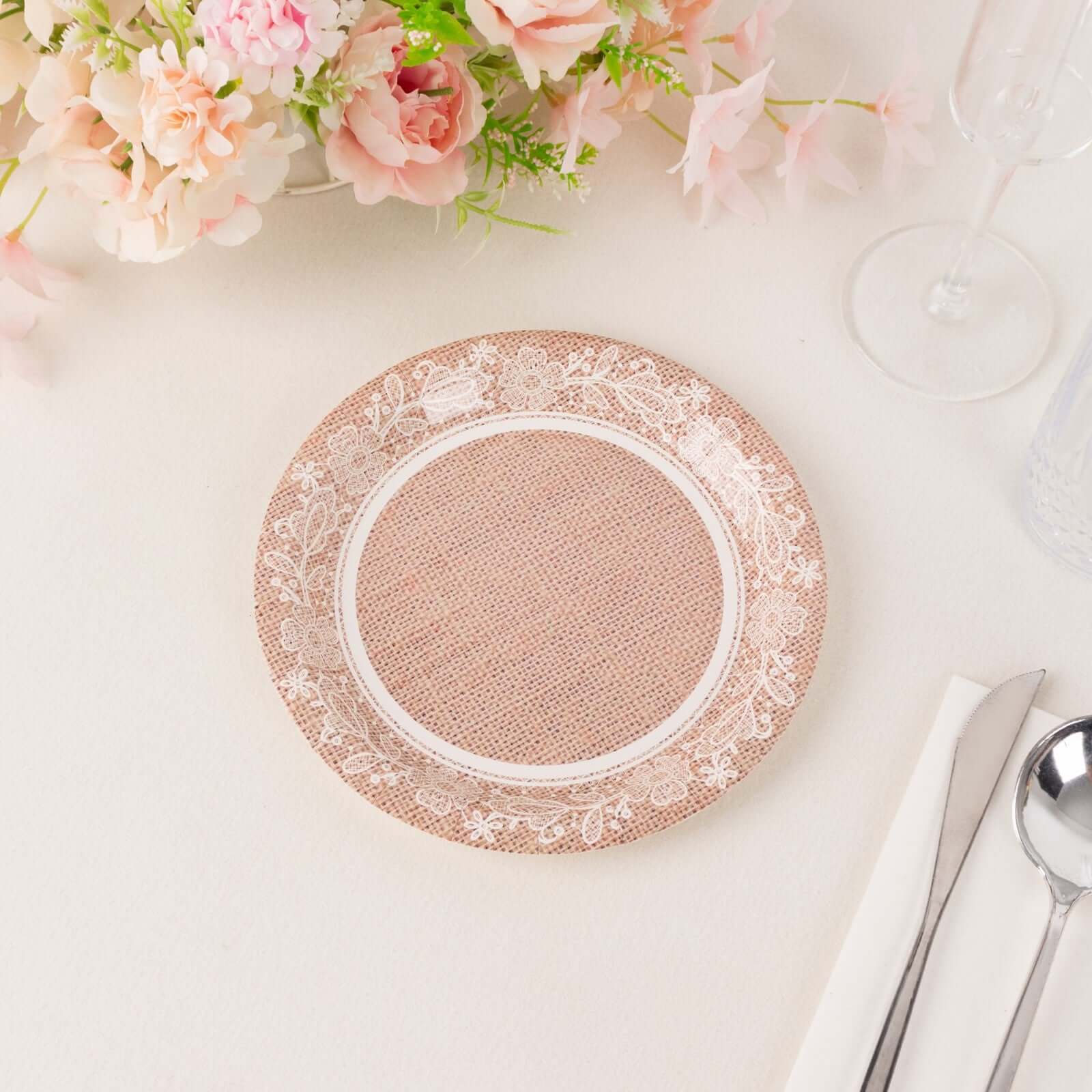 Get 25-Pack Disposable 7-Inch Round Paper Dessert Plates with Burlap Print & Floral Lace for Farmhouse Events
