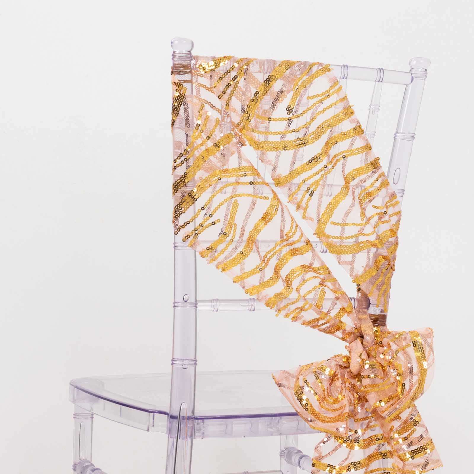 5-Piece Set of Rose Gold/Gold Chair Sashes with Sparkling Wave Embroidered Sequins, 6x88