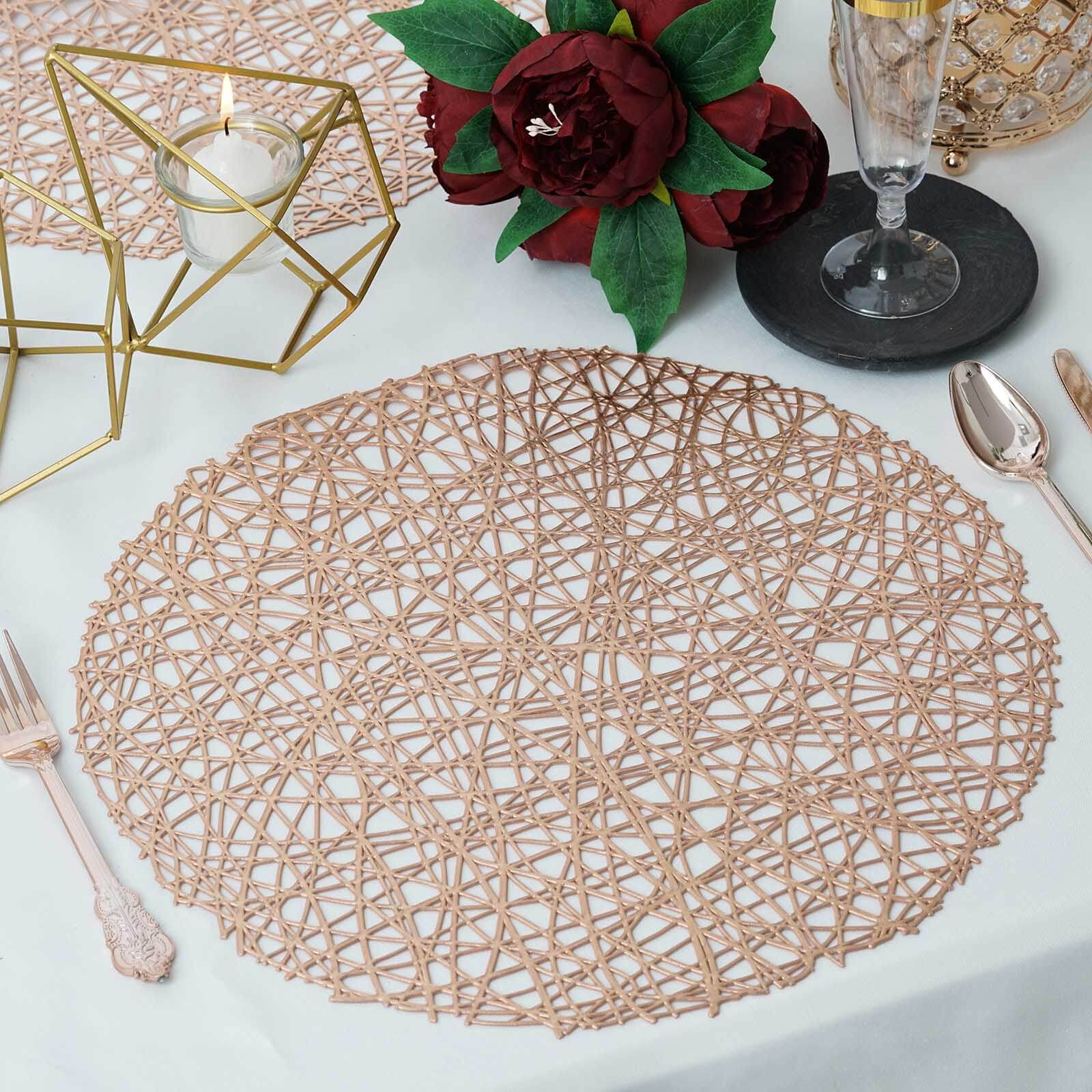 Hot Sale! 6-Piece Set of Durable Rose Gold Vinyl Round Dining Table Placemats with Woven Design
