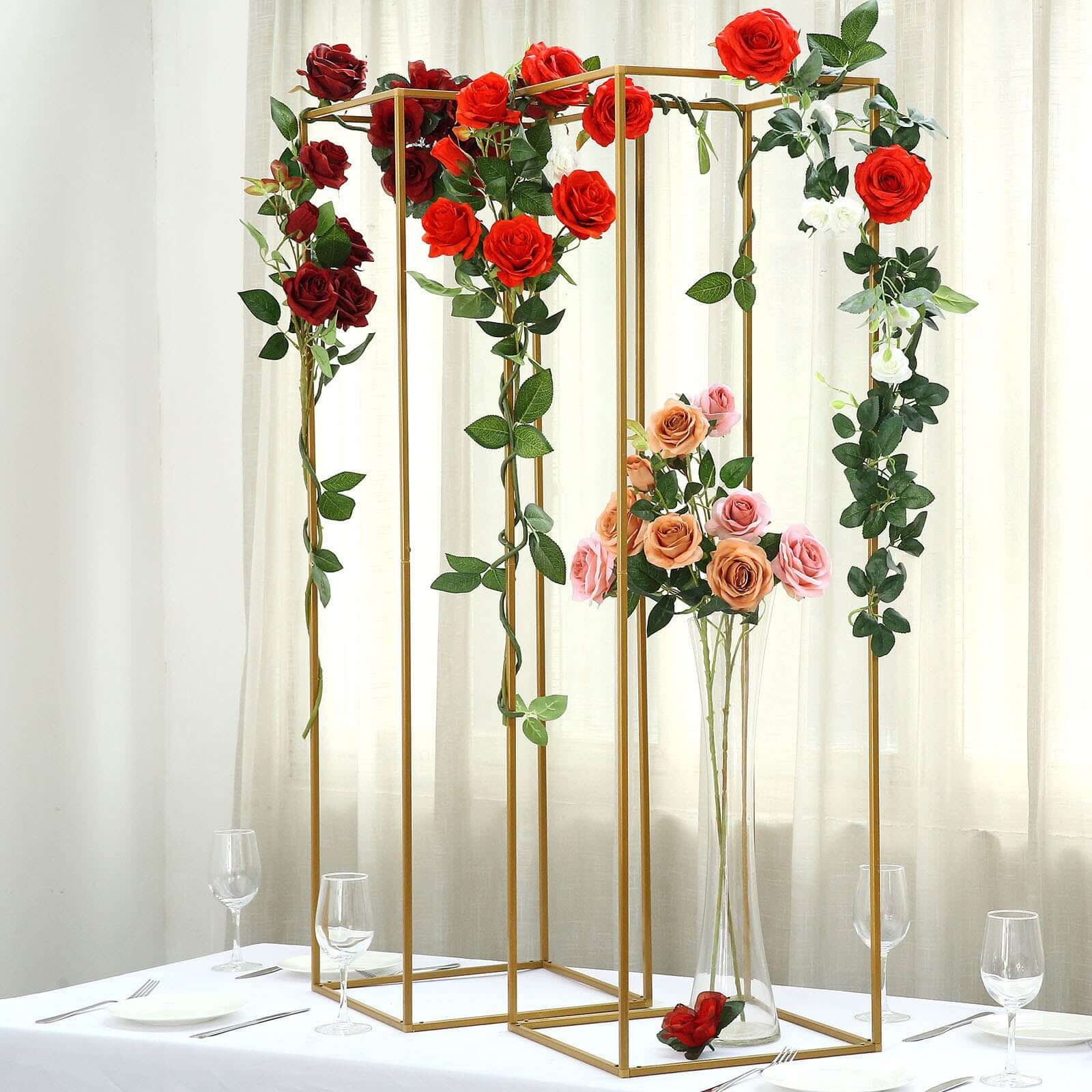 Hot Deal! 2-Pack Matte Gold Metal Rectangular Geometric Column Flower Stands for Upscale Floral Arrangements