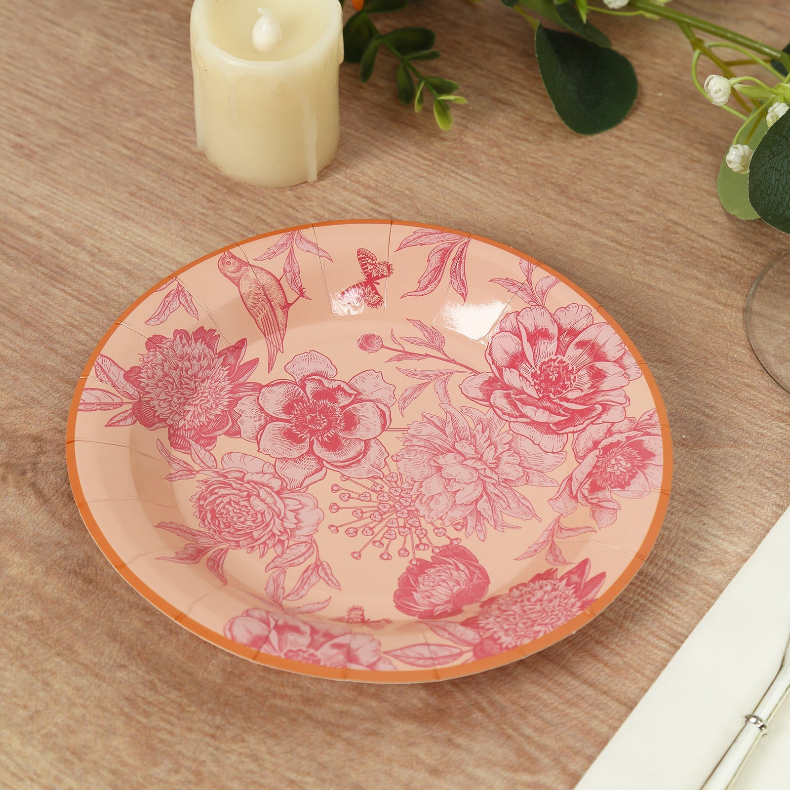 50-Piece Heavy-Duty Disposable Paper Party Plates in Dusty Rose Floral with Gold Rim, 7