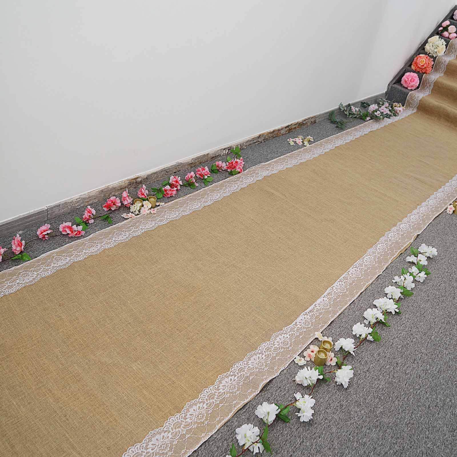 Get This Stunning 30ft Natural Jute Burlap Aisle Runner with Elegant White Floral Lace Borders