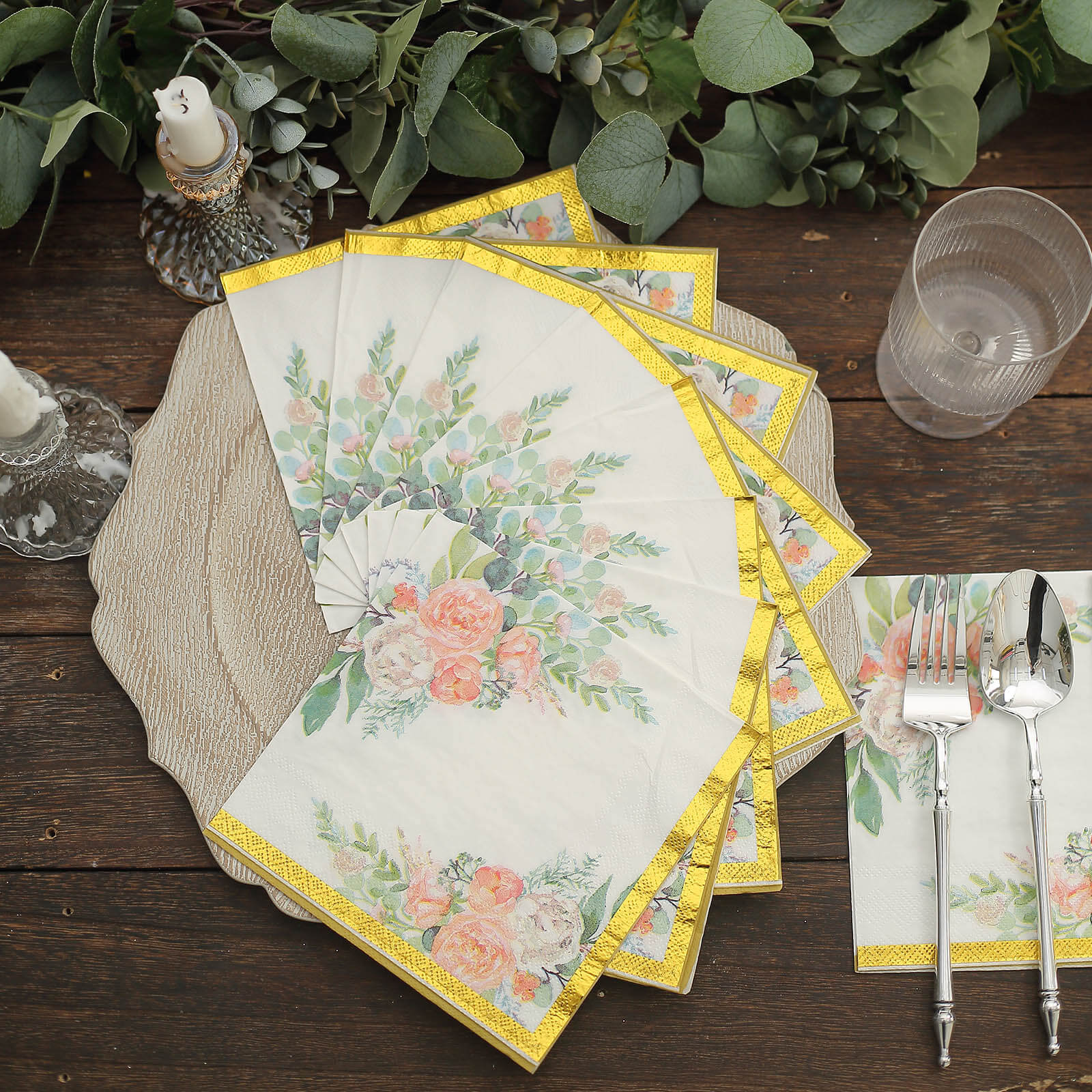 20-Pack 18GSM 2-Ply Pink Peony Floral Gold Trimmed White Paper Cocktail Napkins for Weddings - Hot Sale
