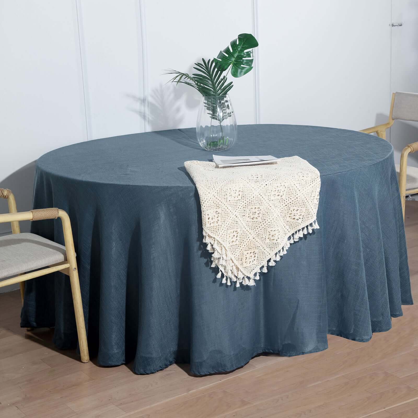 Premium Blue Faux Linen 120' Round Wrinkle-Resistant Tablecloth