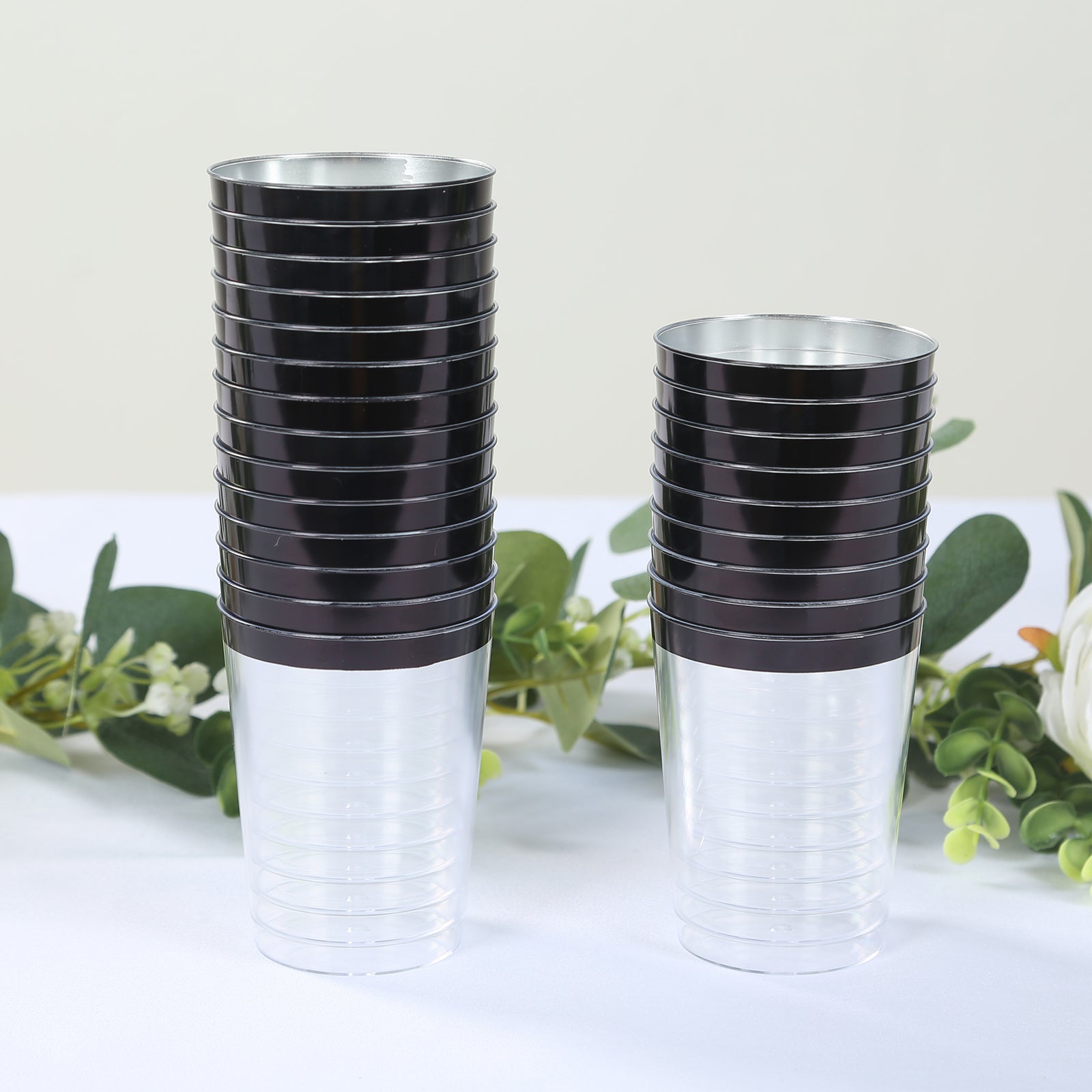 25-Piece Set of Clear Plastic Tumbler Cups with Stylish Black Rim - 10oz Disposable Party Glasses
