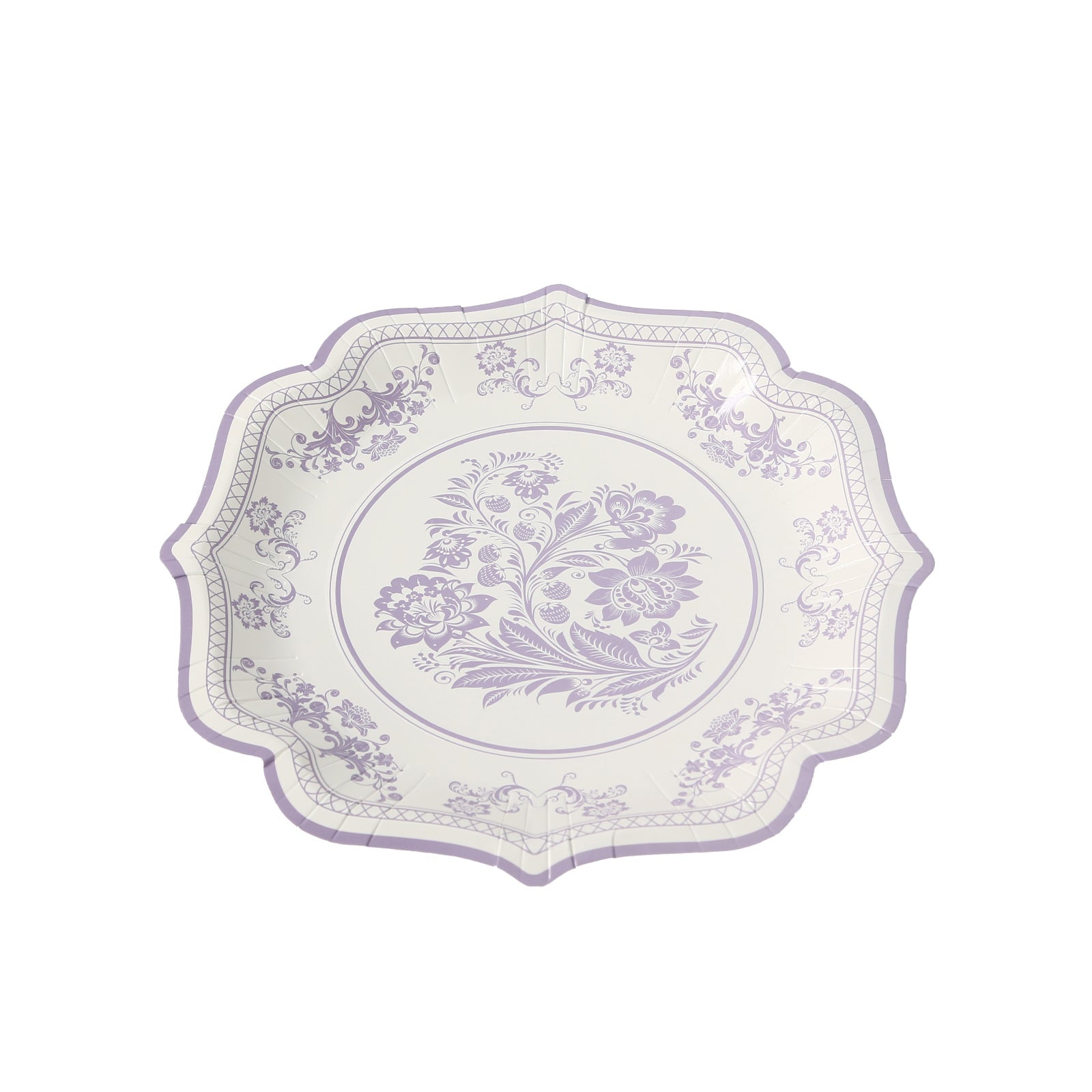 Hot Deal! 25-Pack White & Lavender Lilac Damask Floral Scallop Rim Disposable Paper Dessert Plates (8.5')
