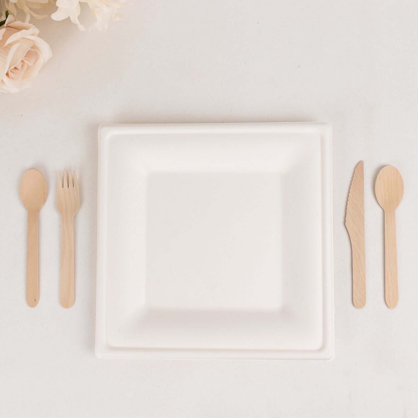 50-Piece Set of White Wide-Rimmed Square 10-Inch Bagasse Dinner Plates - Eco-Friendly for Events