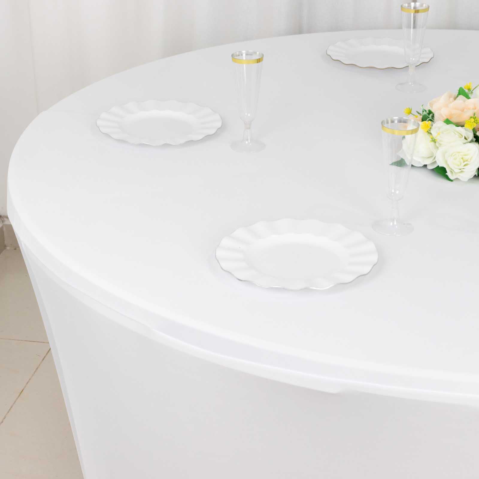 Durable White 6ft Round Stretch Spandex Tablecloth for Events and Presentations