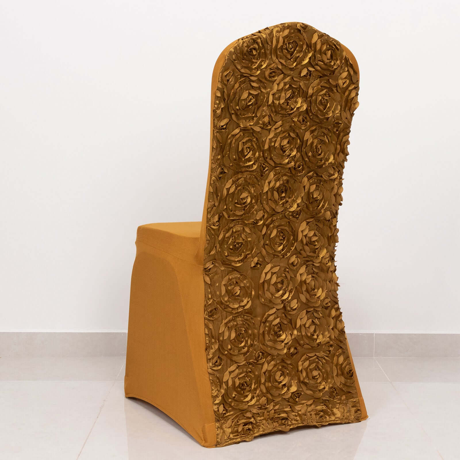 Gold Satin Rosette Stretch Chair Cover - Ideal for Sophisticated Gatherings