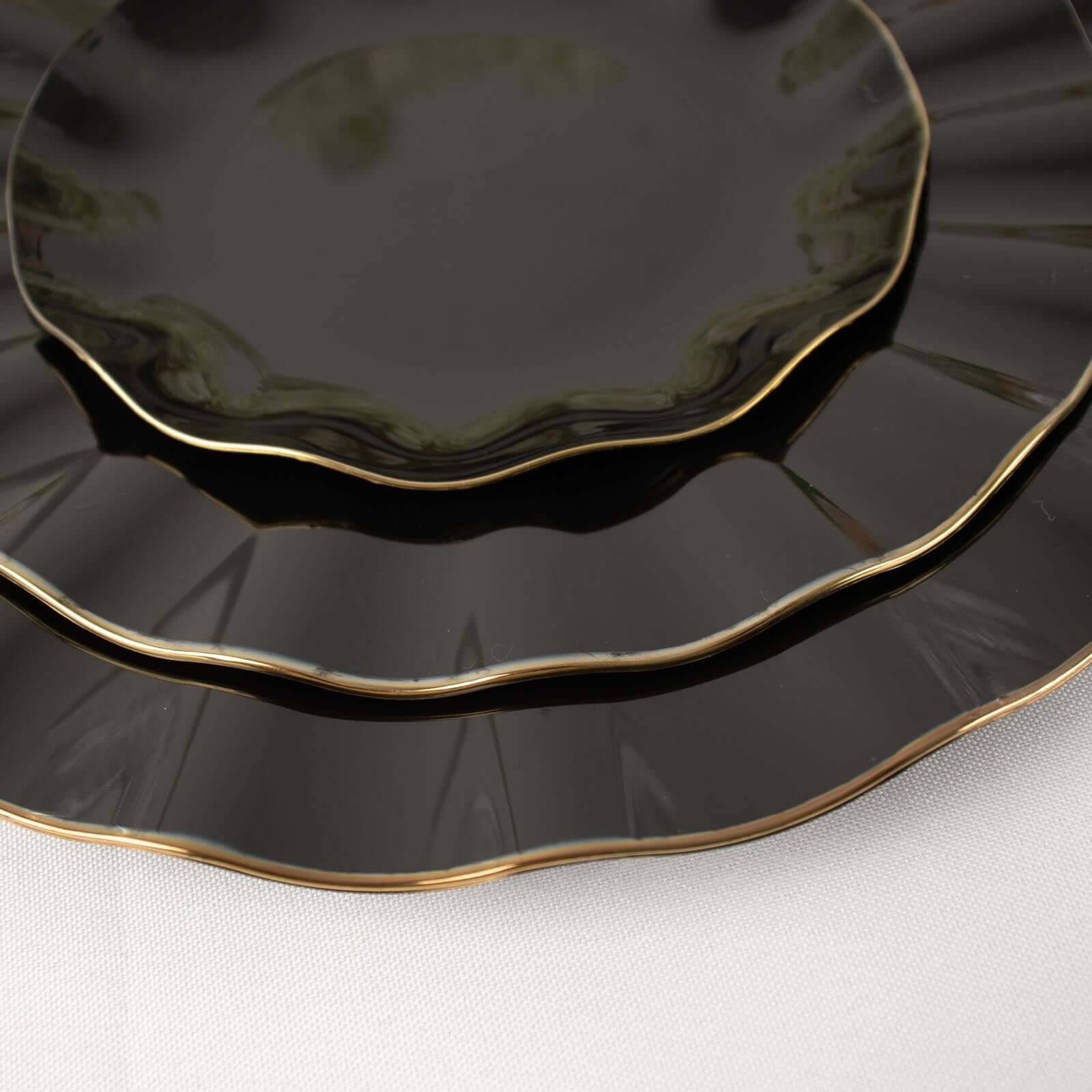 10-Piece Set of Sturdy Black Plastic Round Dinner Plates with Gold-Rimmed Ruffled Edges