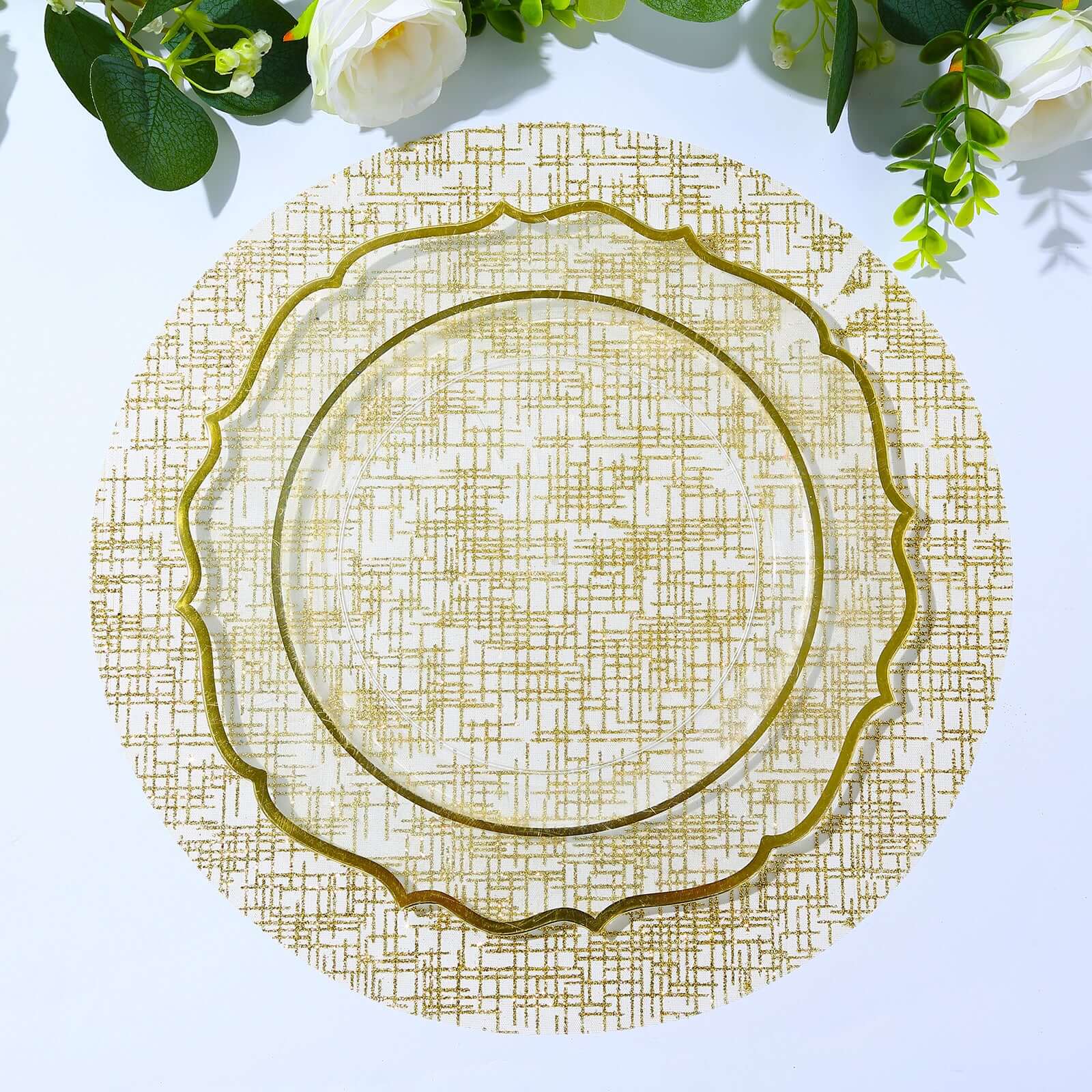 Hot Deal! 10-Pack Disposable Metallic Gold Round Table Placemats with Glitter Mesh Polyester Design