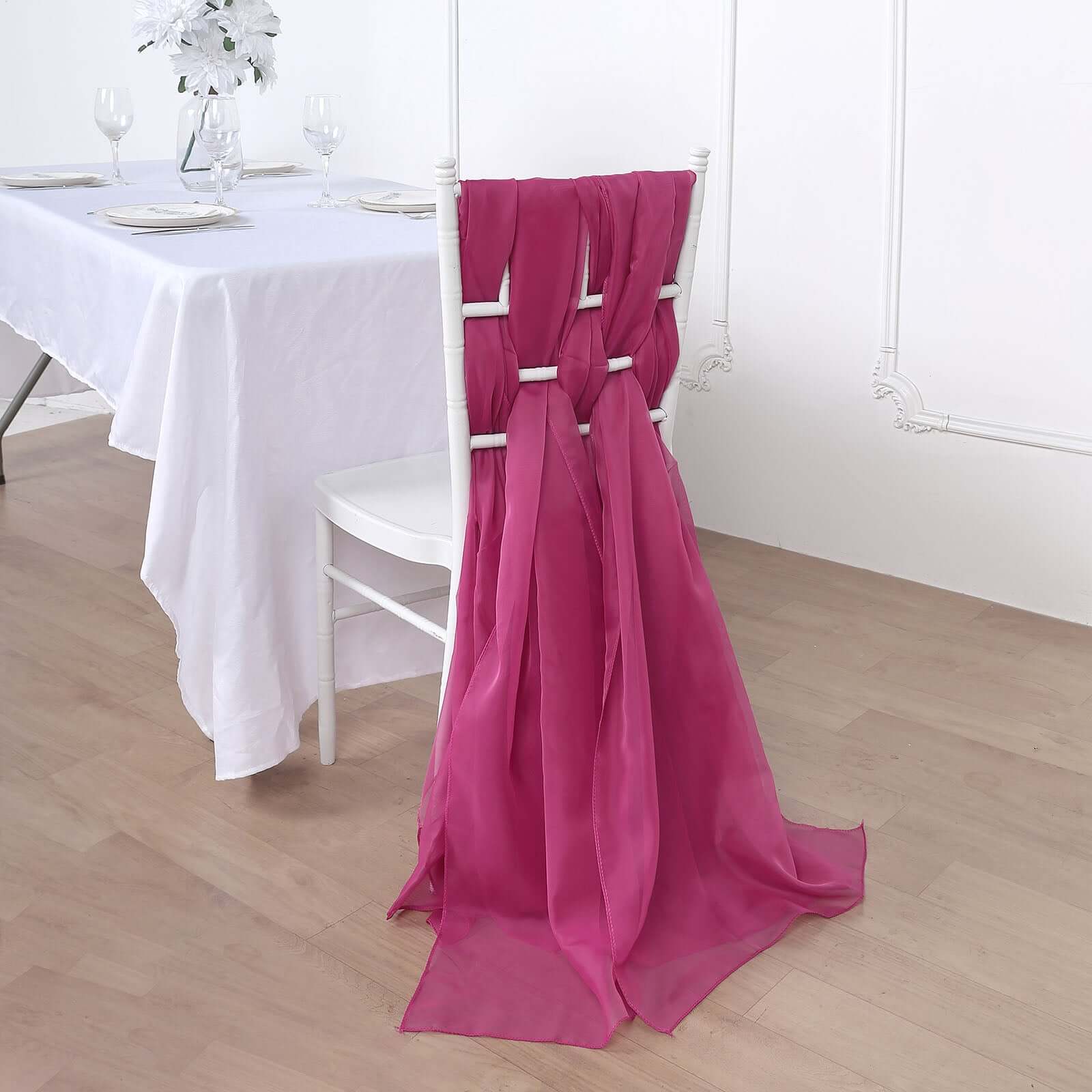 5-Piece Set of Fuchsia Premium Chiffon Chair Sashes - Soft, Lightweight Designer Bows 22x78