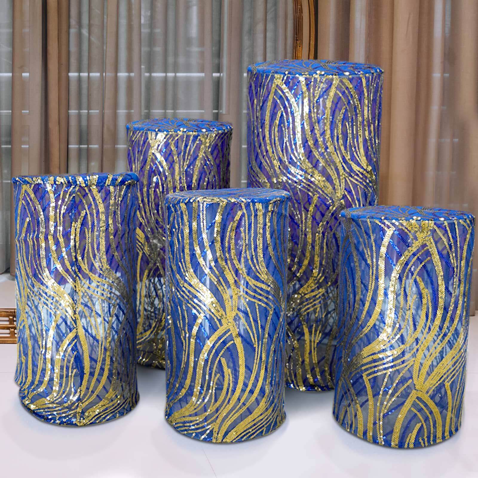 Hot Sale! Set of 5 Royal Blue Sequin Mesh Cylinder Pedestal Stand Covers with Wave Pattern