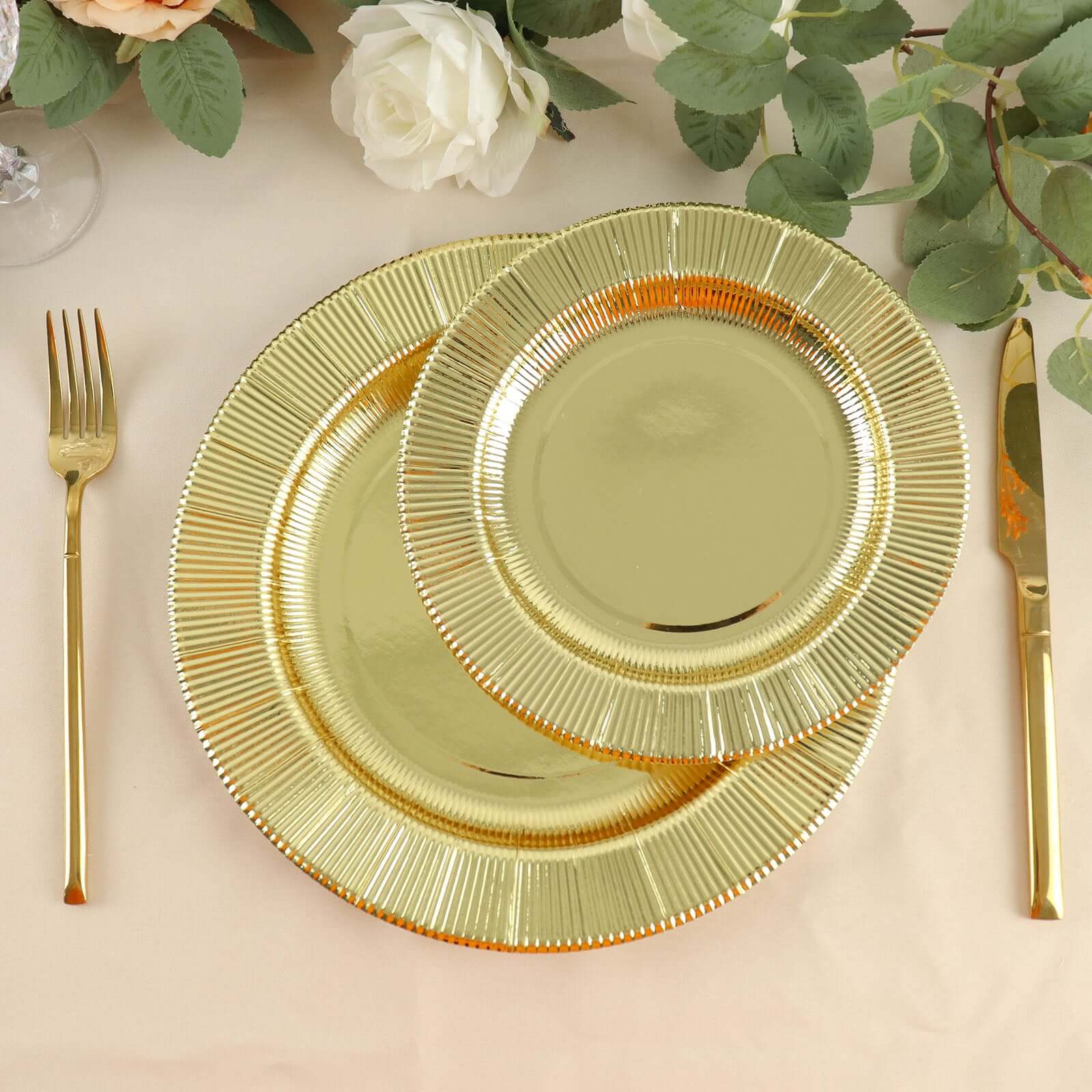 25-Piece Set of Disposable 8-Inch Round Metallic Gold Sunray Design Paper Dessert Plates - Heavy Duty 350GSM