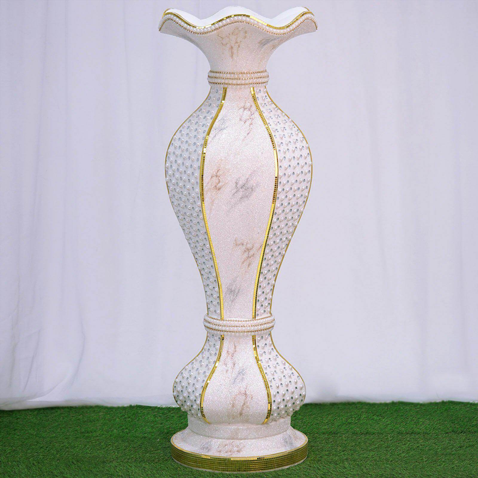 40-Inch Shimmering Gold Glitter Marble Flower Pot Vase with Pearl and Mirror Mosaic Decor