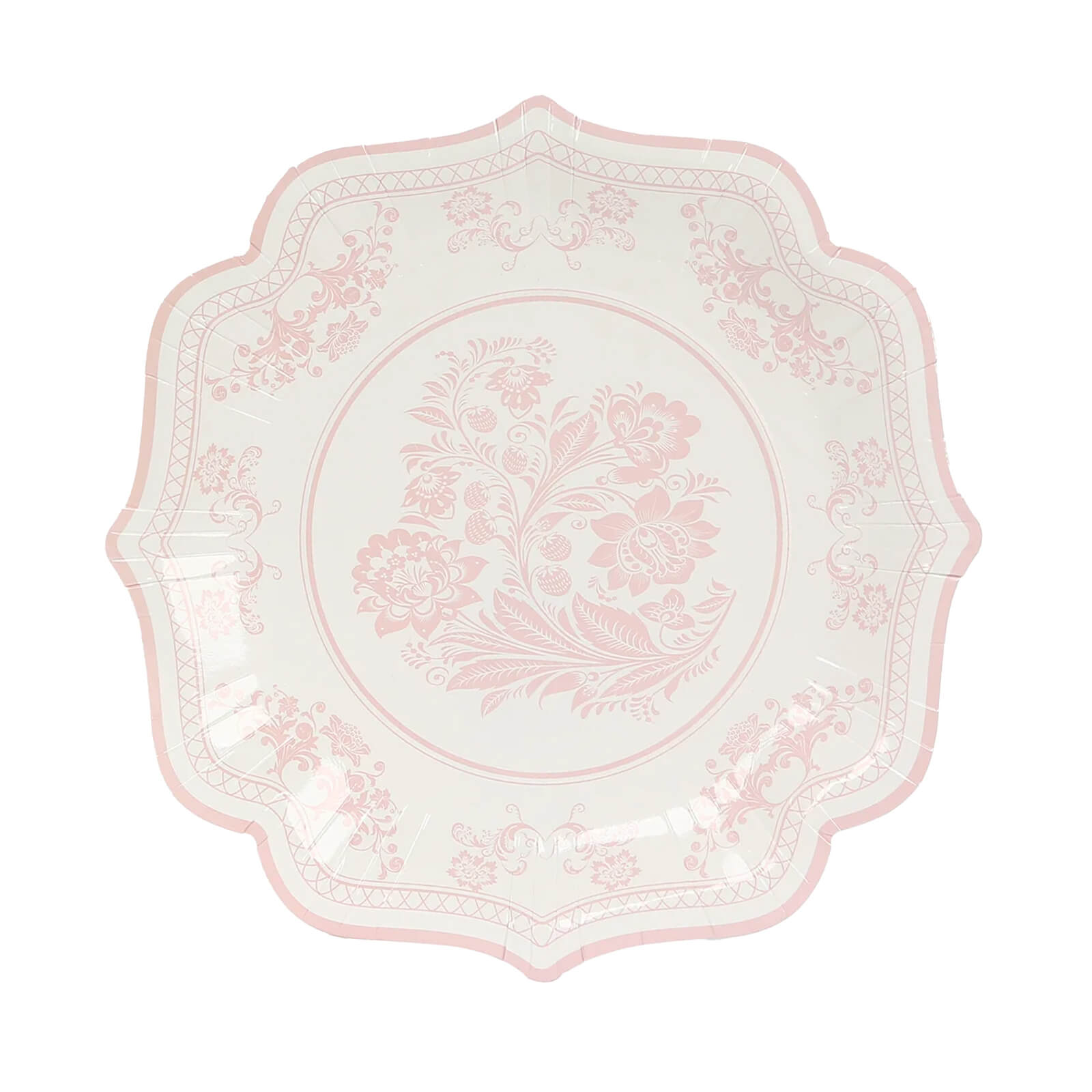 Get 25-Pack of Elegant White Disposable Paper Dessert Plates with Pink Floral Damask Print & Scallop Rim