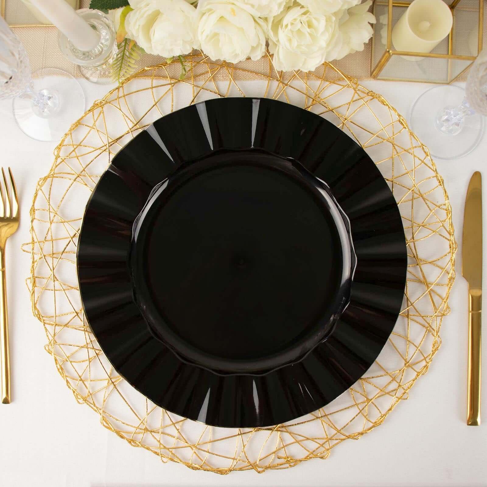 10-Piece Set of Sturdy Black Plastic Round Dinner Plates with Gold-Rimmed Ruffled Edges