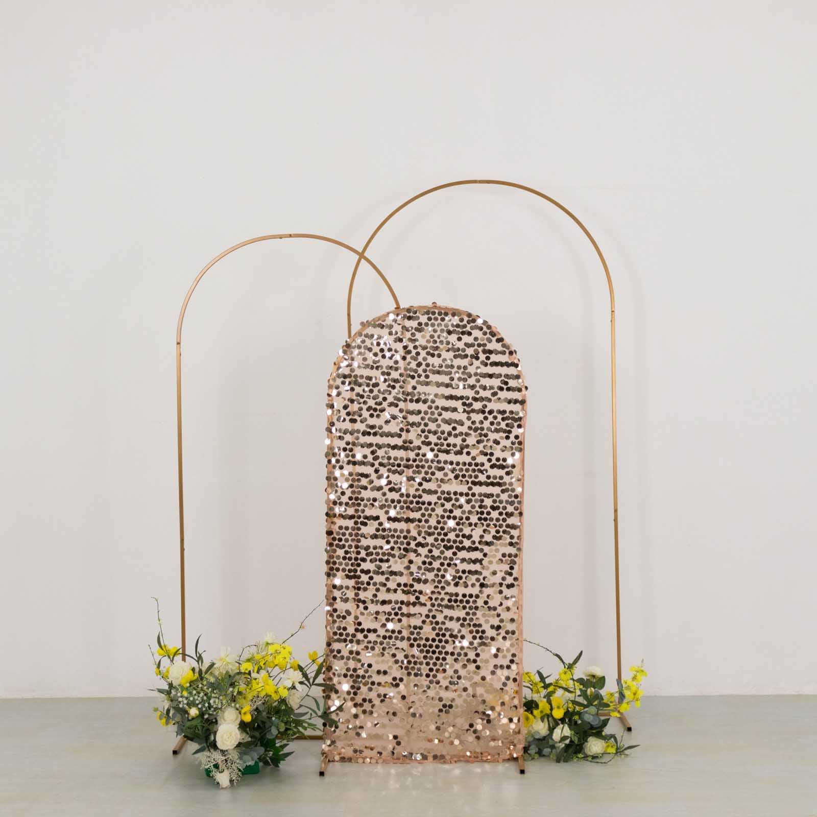 5ft Sparkly Rose Gold Payette Sequin Fitted Cover for Round - Top Wedding Arch Stand