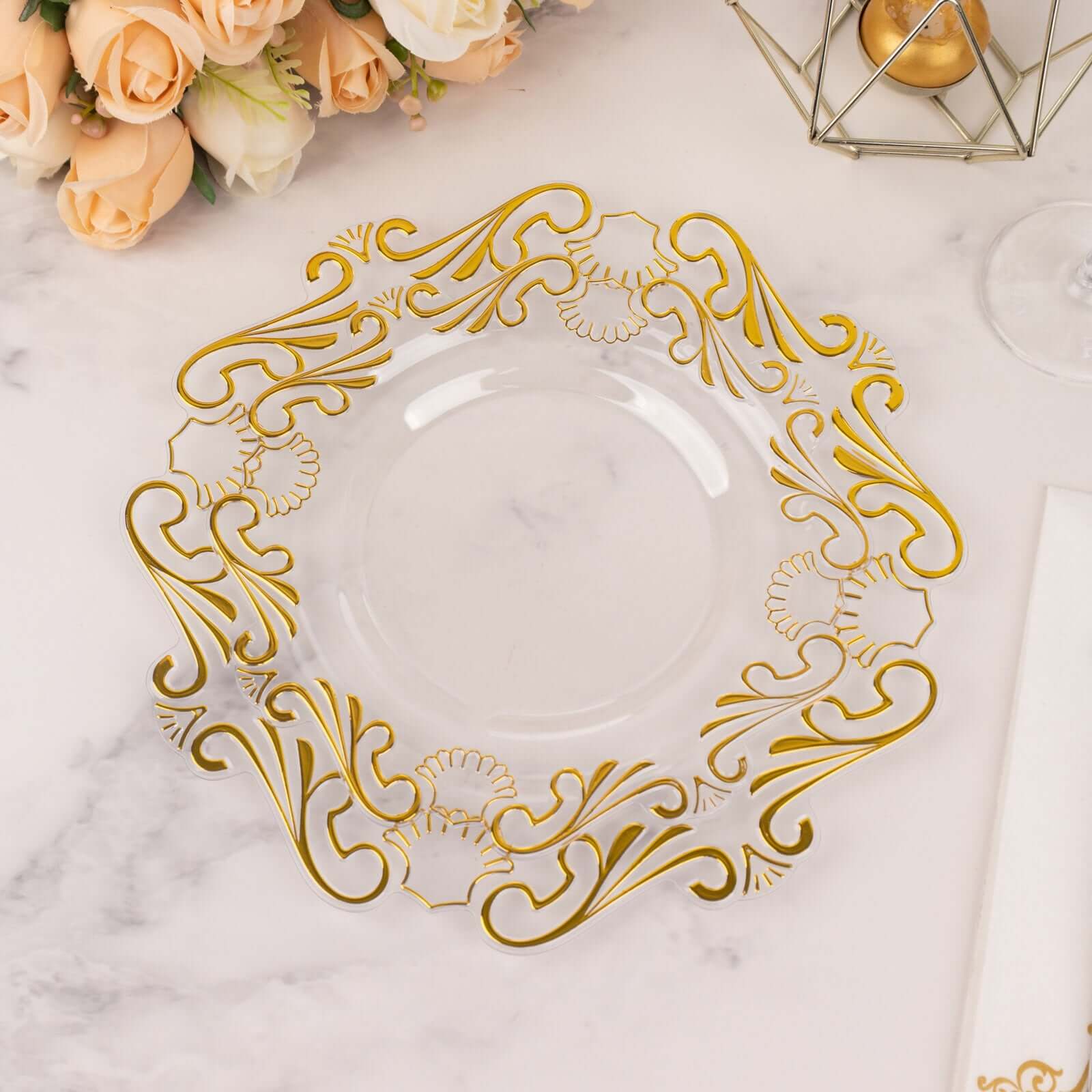 10-Piece Set of Clear Plastic Round Dessert Plates with Gold Vintage Baroque Scalloped Edge