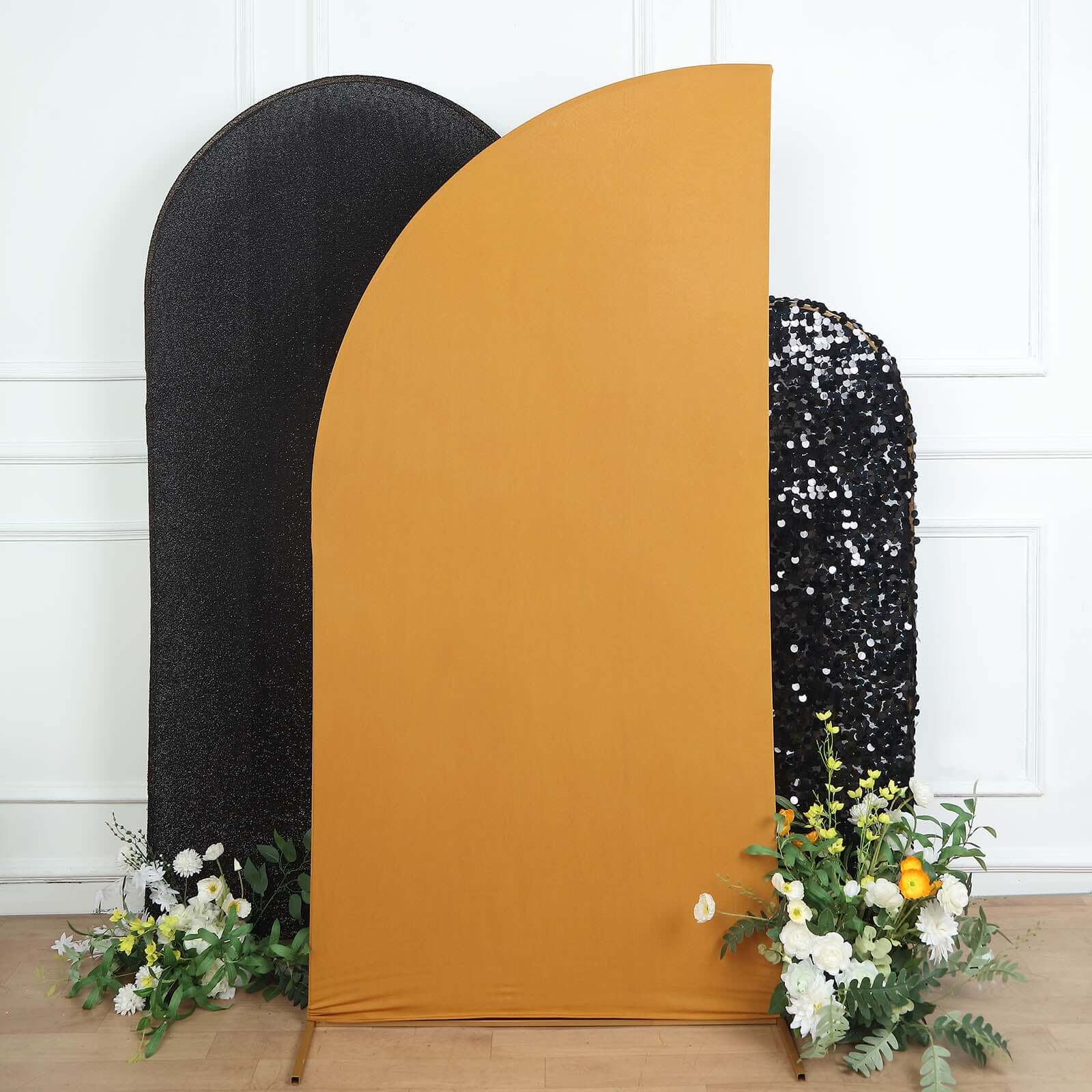 Exclusive Custom-Fitted 7ft Matte Gold Spandex Half Moon Chiara Wedding Arch Backdrop Cover