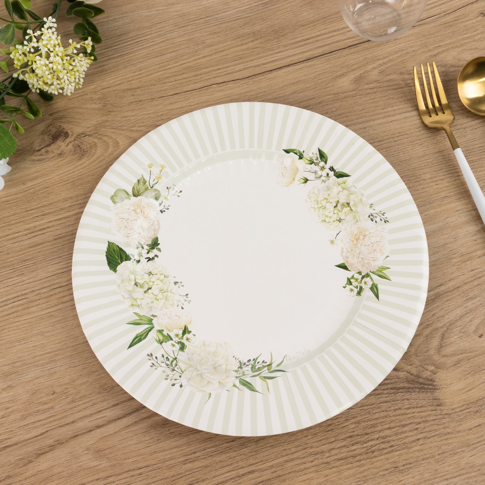 25-Piece Set of 10.5-Inch White Paper Dinner Plates with Sage Green Floral Design & Lined Edge - Ideal for Party Events