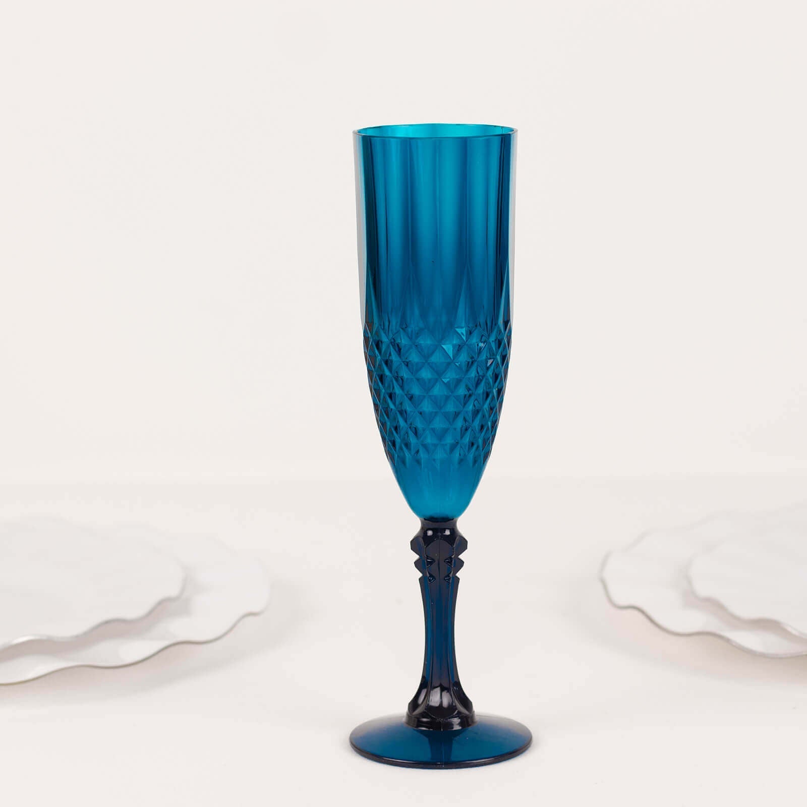 6-Piece Set of Reusable Navy Blue 8oz Plastic Champagne Toast Flutes with Crystal Cut Design