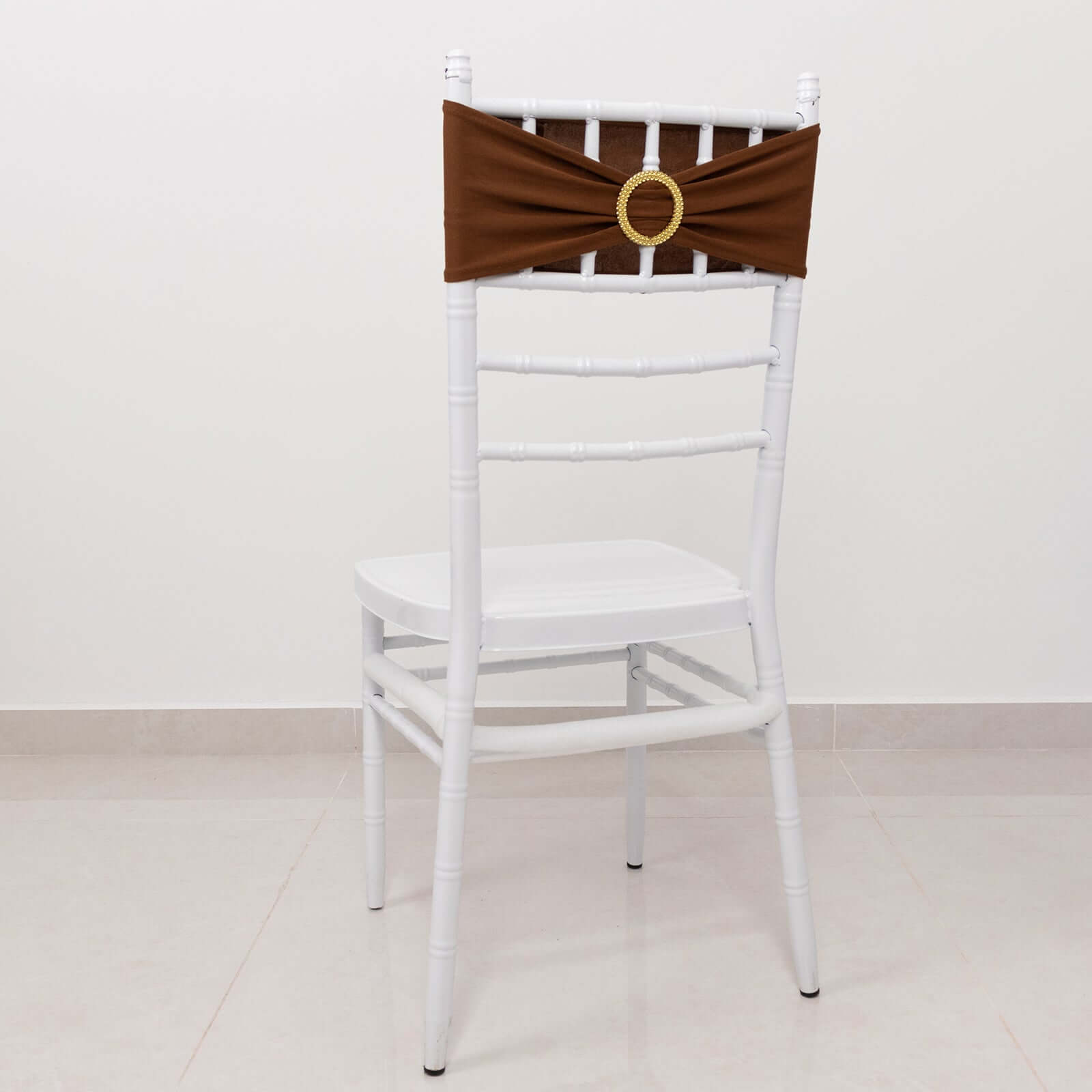 Hot Sale! 5-Piece Set of Reusable Cinnamon Brown Spandex Chair Sashes with Gold Rhinestone Buckles, 5x14