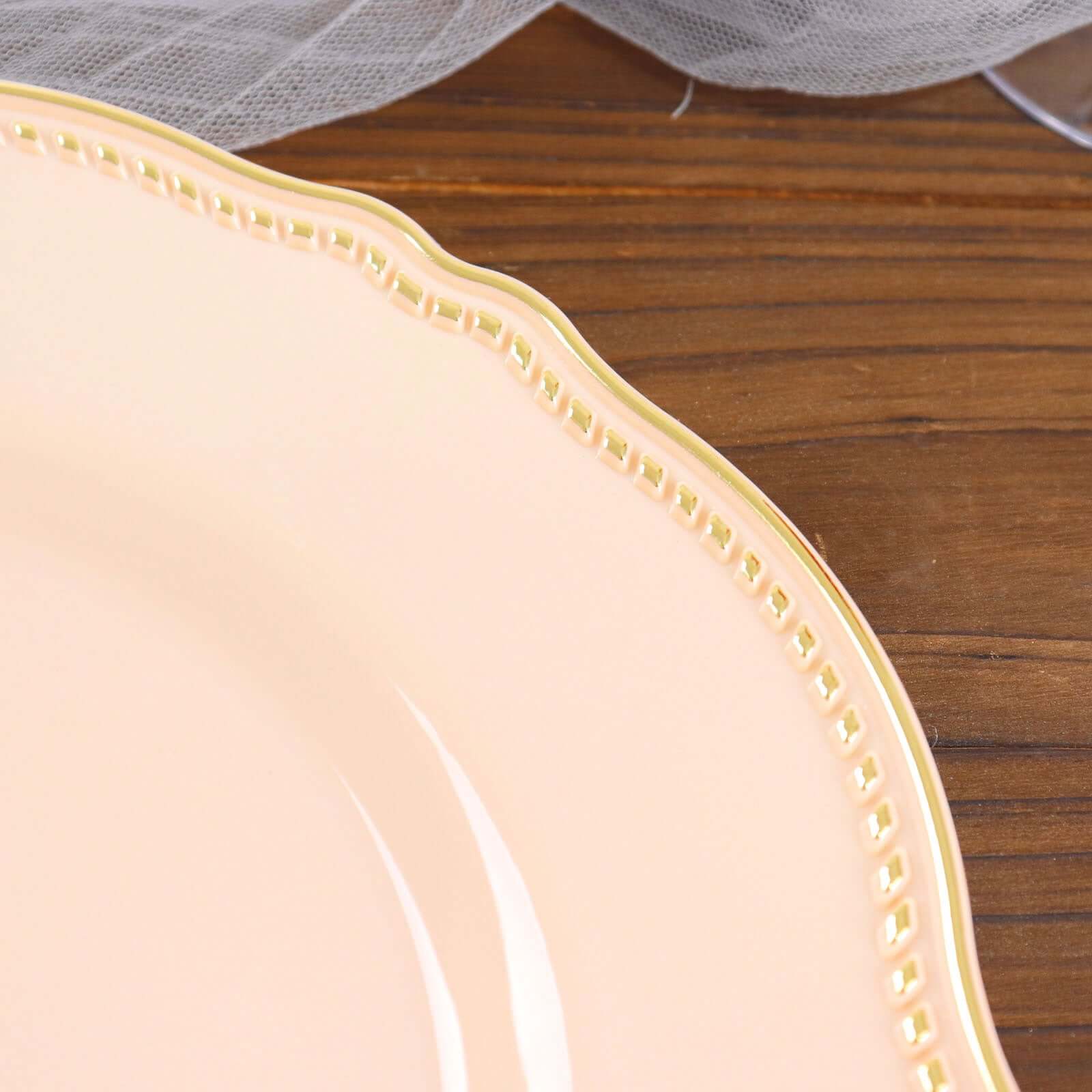 10-Piece Disposable Plastic Dinner Plates in Nude with Gold Scalloped Rim - Ideal for Party Supplies