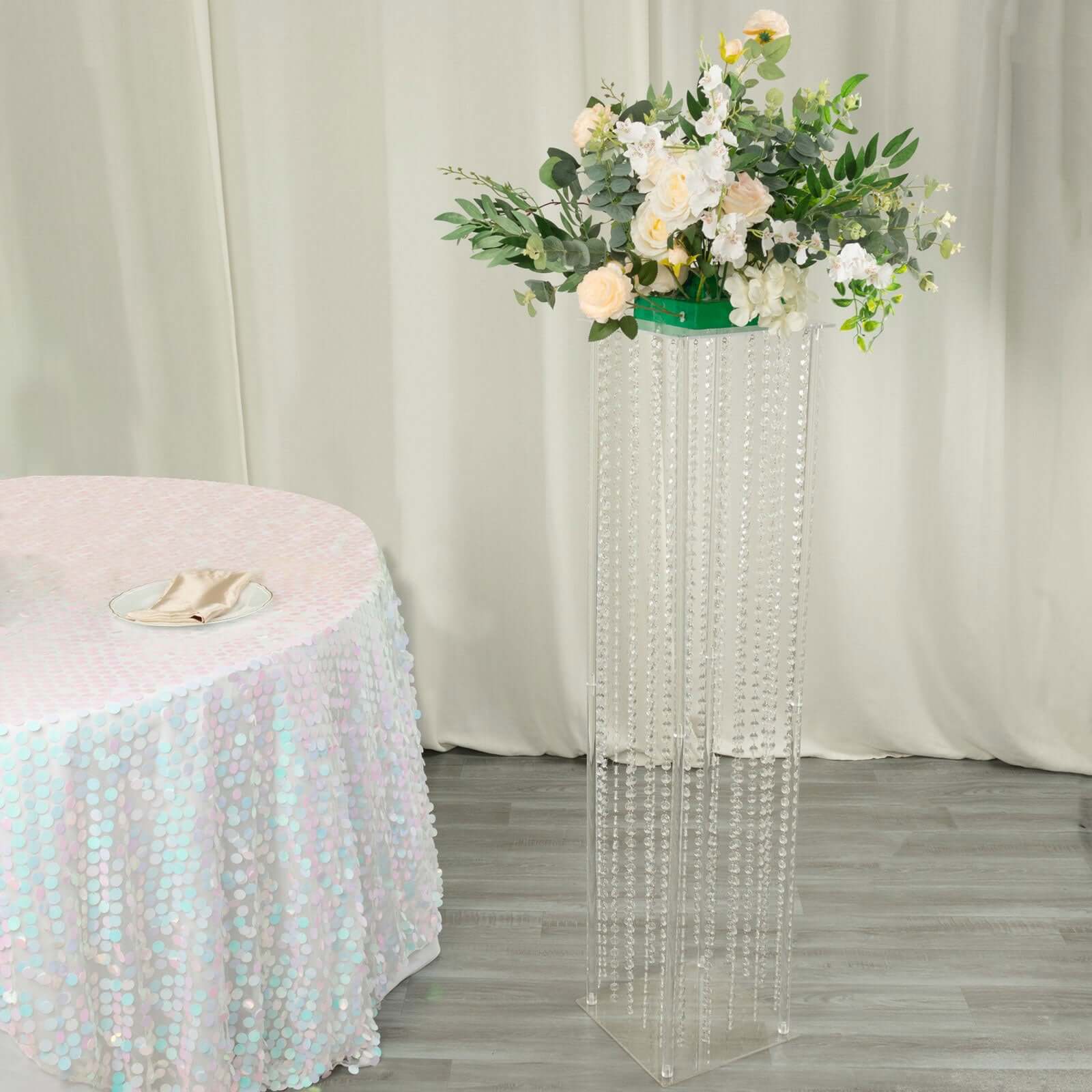Clear Acrylic Flower Pedestal Vase with Crystal Beads - Ideal Wedding Floor Centerpiece