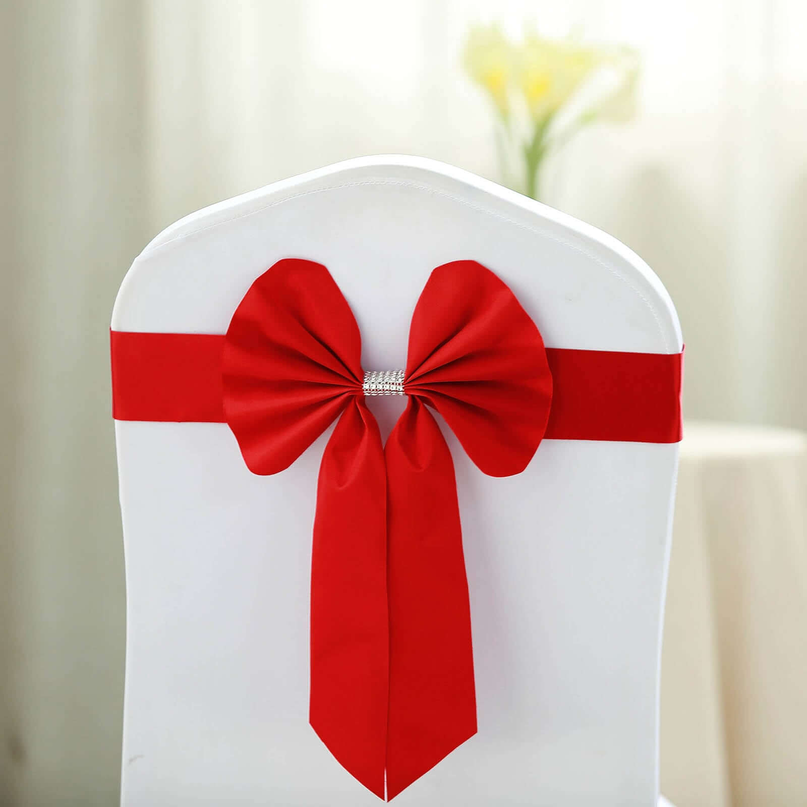 Hot Sale! 5-Pack Red Satin Faux Leather Chair Sashes with Diamond Rhinestone Buckles