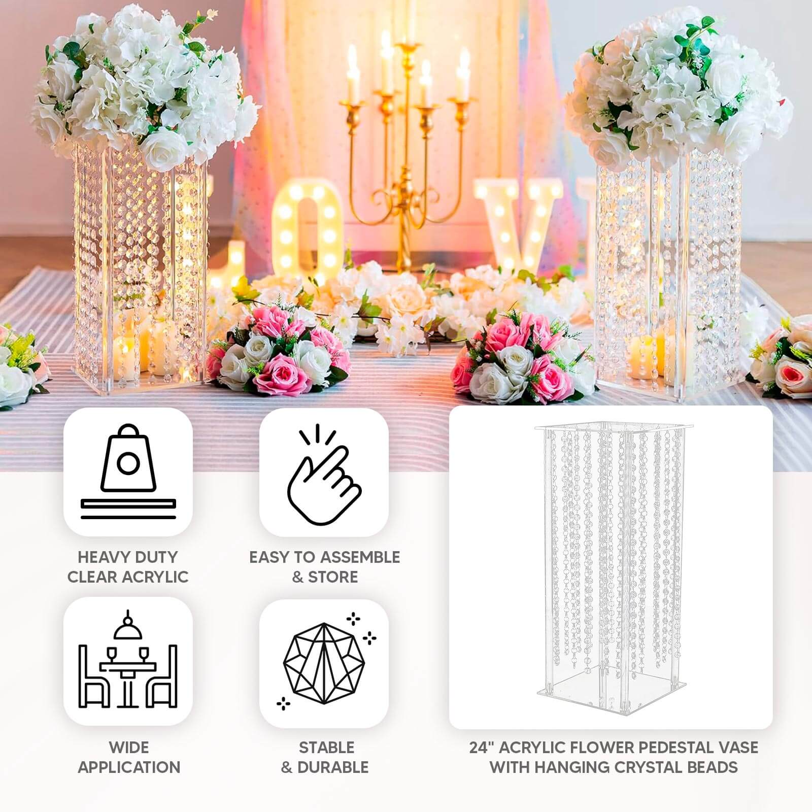 Clear Acrylic Flower Pedestal Vase with Crystal Beads - Ideal Durable Wedding Table Centerpiece, 24 Inches