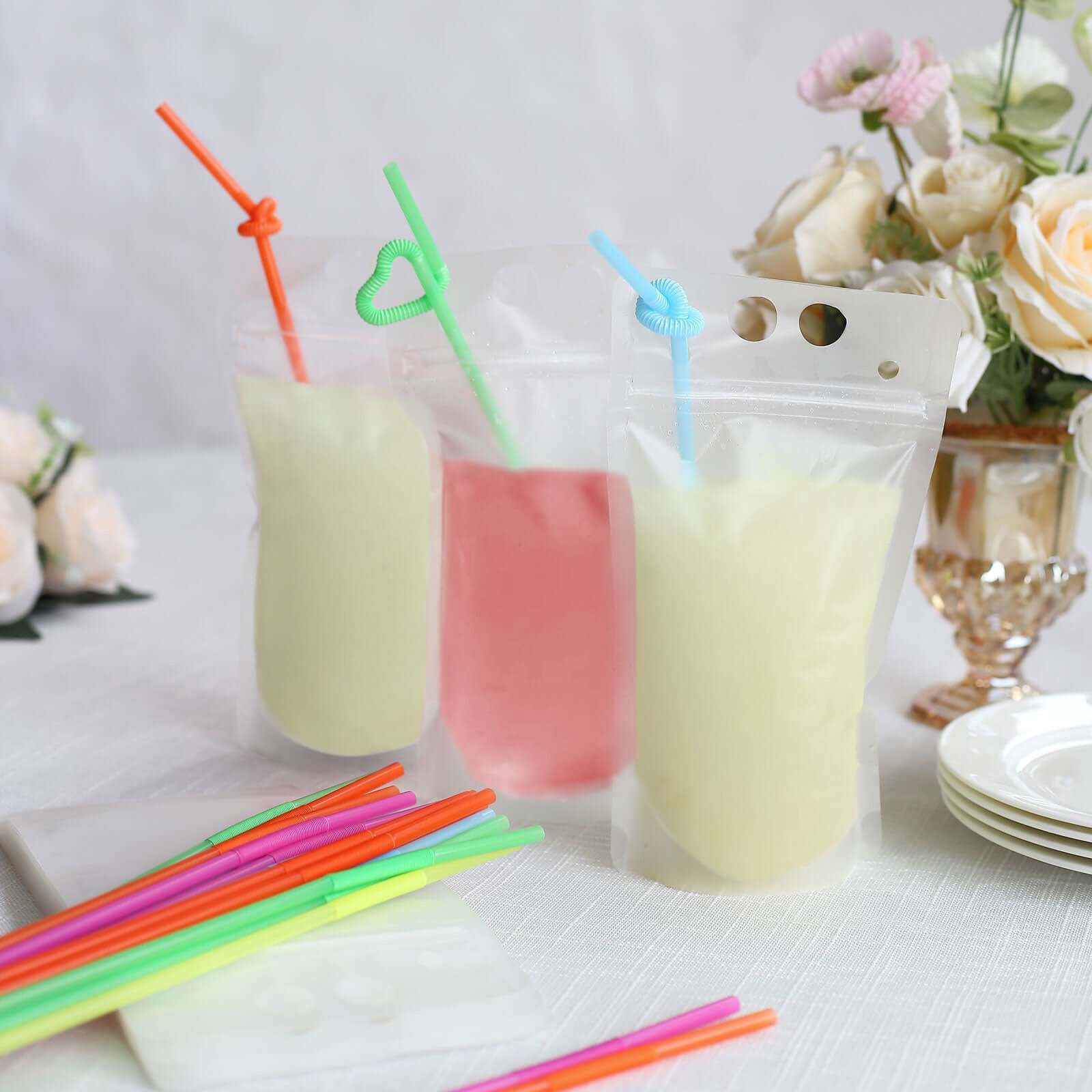 50-Pack Clear 12oz Plastic Reclosable Drink Pouches with Straws - Ideal for Travel & Festivals