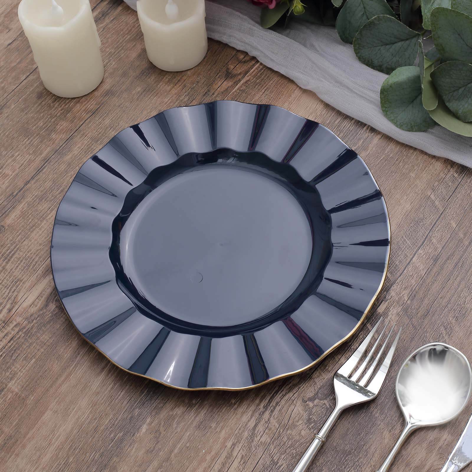 10-Piece Set of Navy Blue Plastic Round Dinner Plates with Gold Edged Ruffled Rim - Sturdy Disposable Dinnerware
