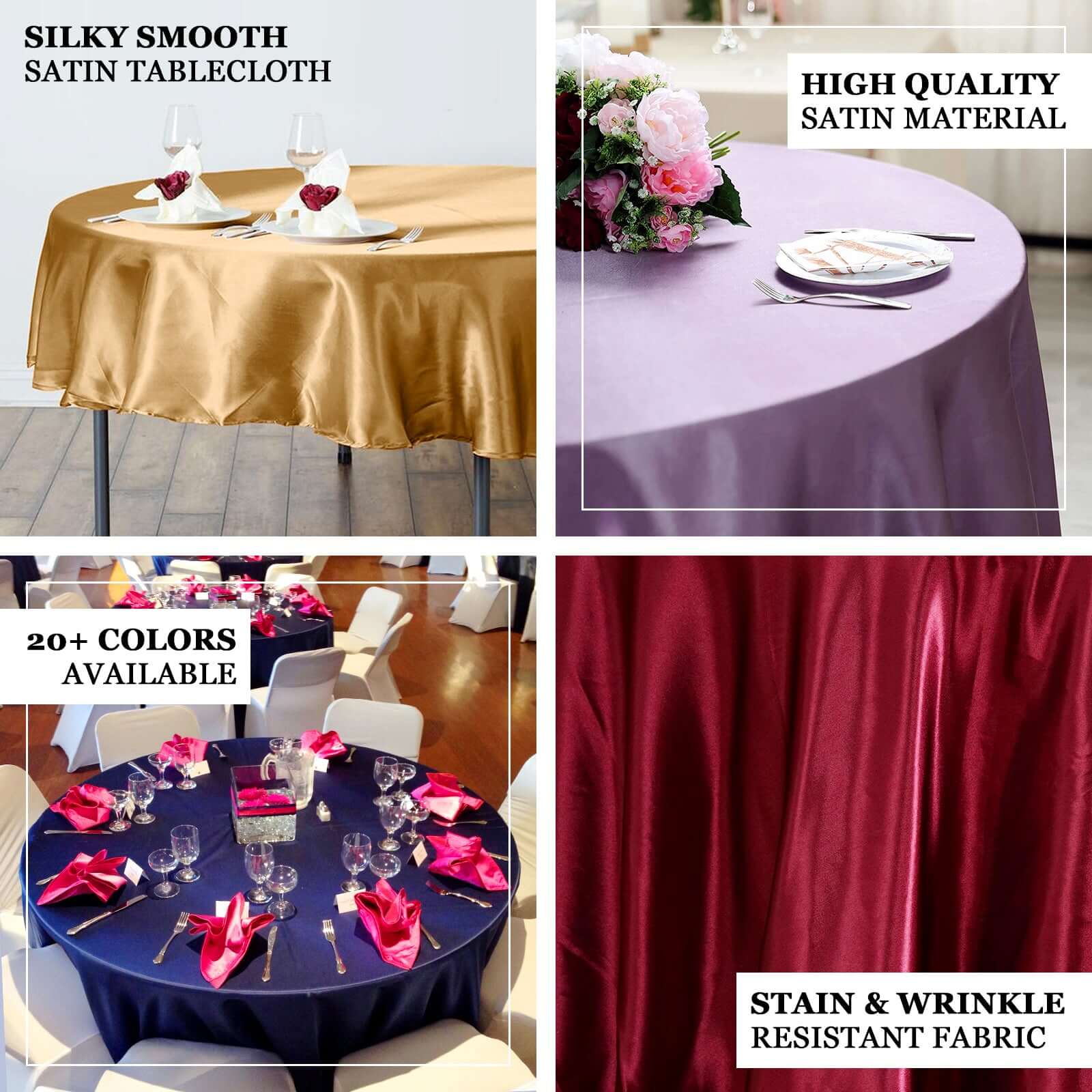 Beige Satin 90-Inch Round Tablecloth - Smooth, Lustrous & Resistant