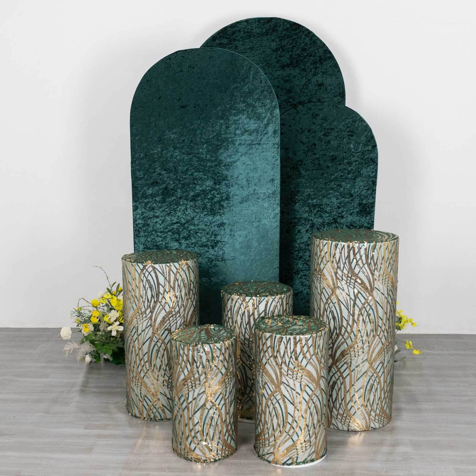 Hot Deal! Set of 5 Emerald Green Wave Sequin Mesh Cylinder Pedestal Stand Covers