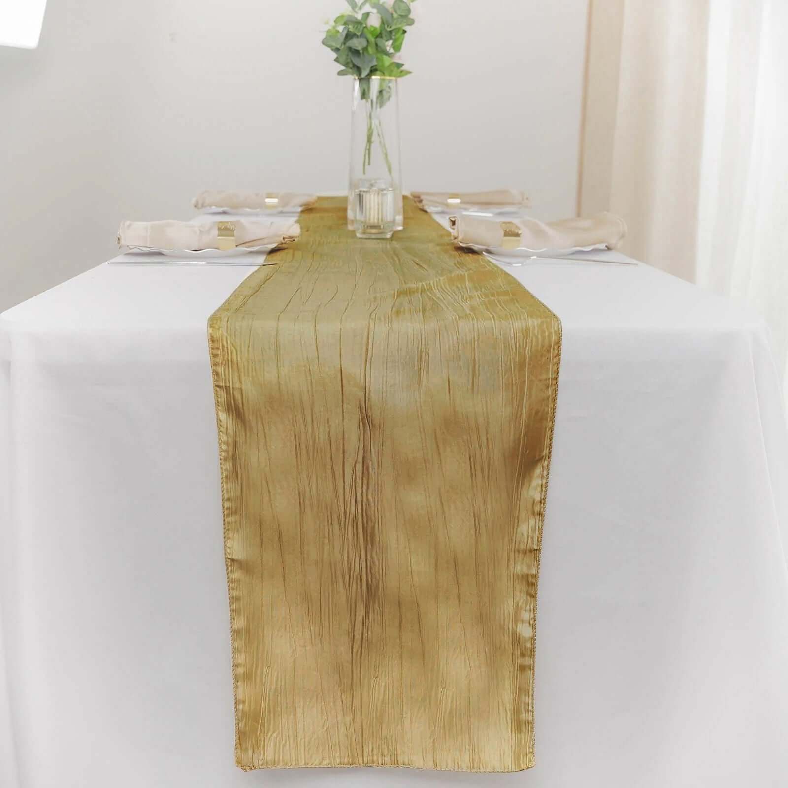 Exclusive Gold Taffeta 12x108 Table Runner with Accordion Crinkle for Modern Gatherings