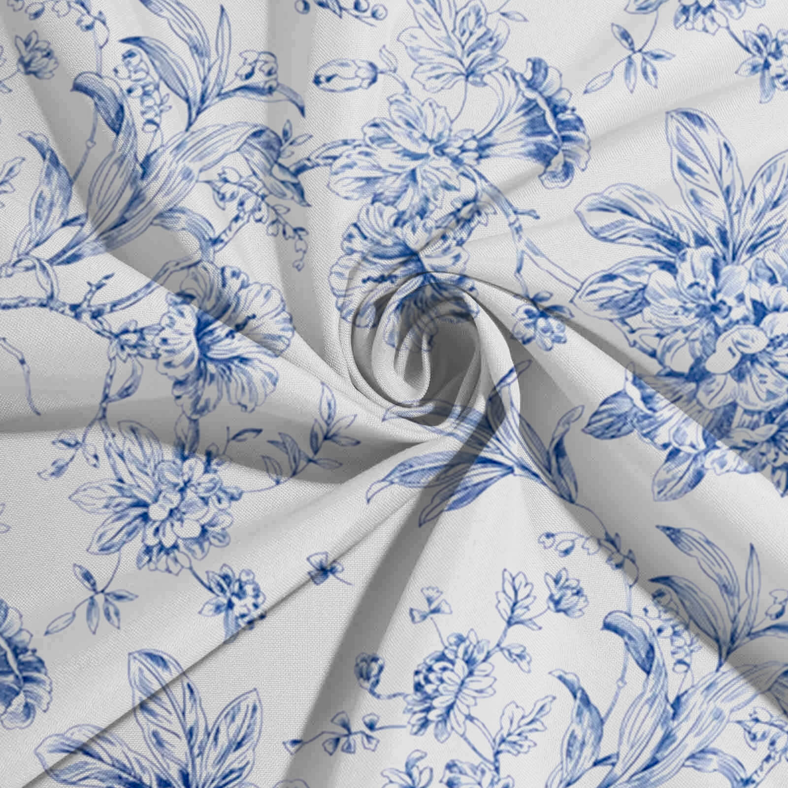Stylish 70x70 Polyester Table Overlay in White - Blue French Toile Pattern for Events