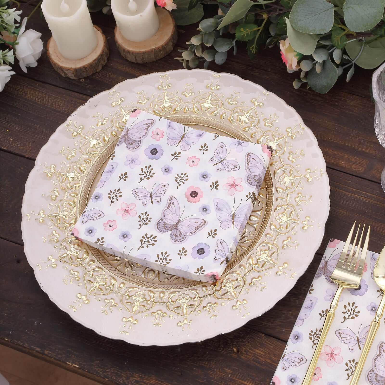 20-Pack 2-Ply Soft 18GSM Ivory Paper Beverage Napkins with Lavender Butterfly Floral Design for Garden Weddings