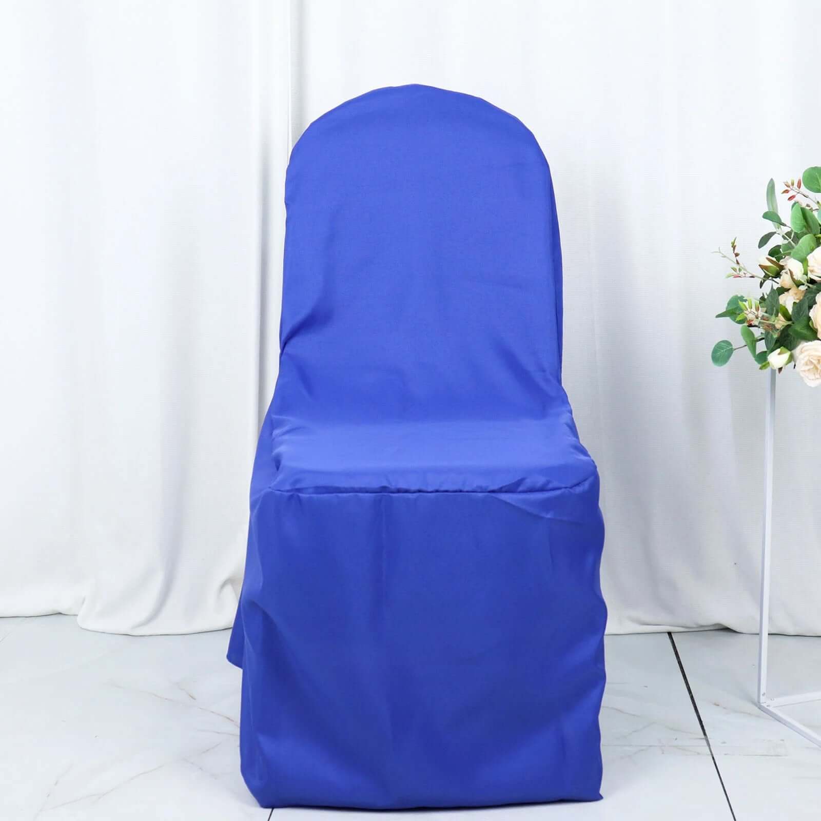 10-Pack Royal Blue Polyester Slip-On Chair Covers for Banquets - Stain & Wrinkle Resistant
