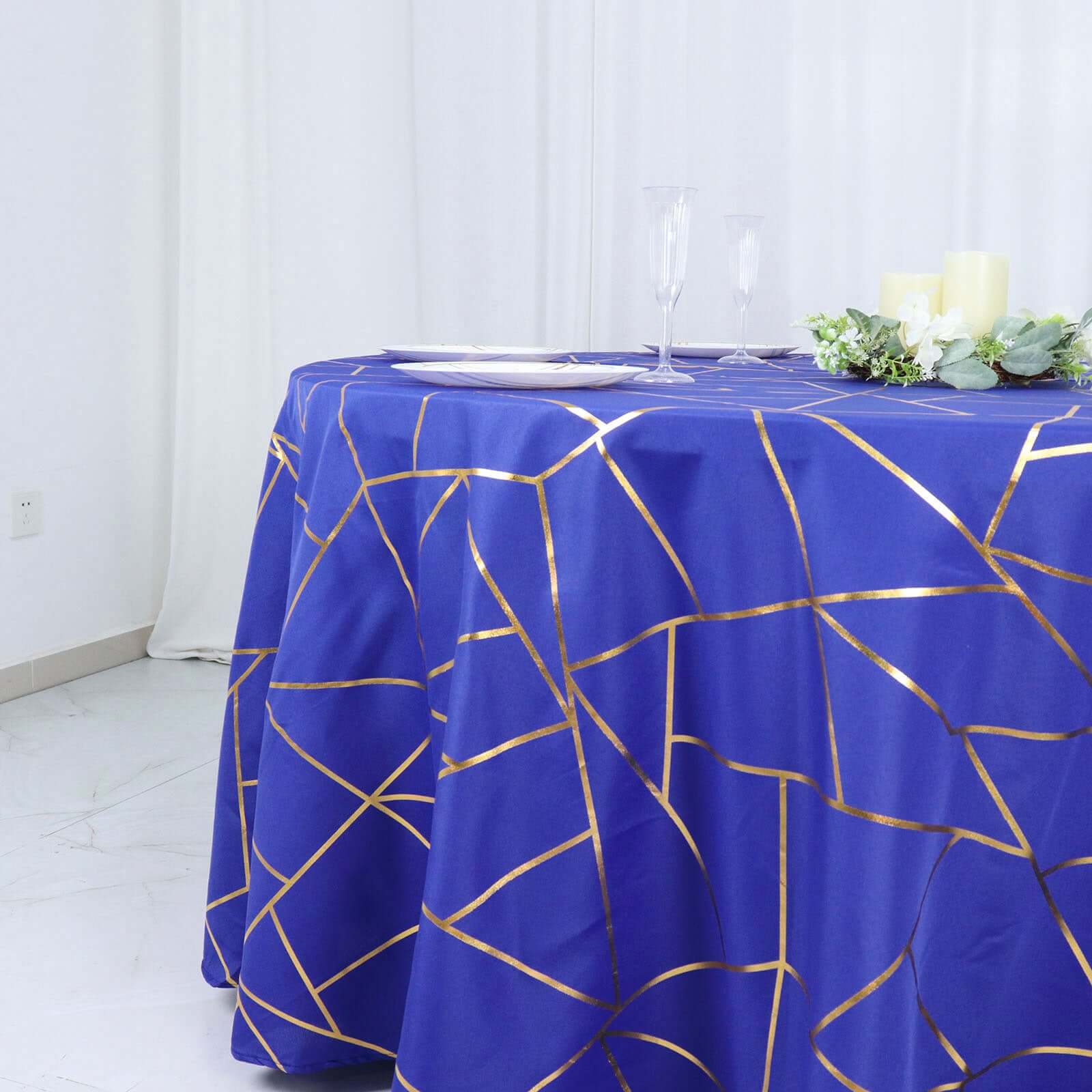 Wrinkle-Resistant Seamless Royal Blue Polyester Round Tablecloth with Gold Foil Geometric Design, 120' Dia.